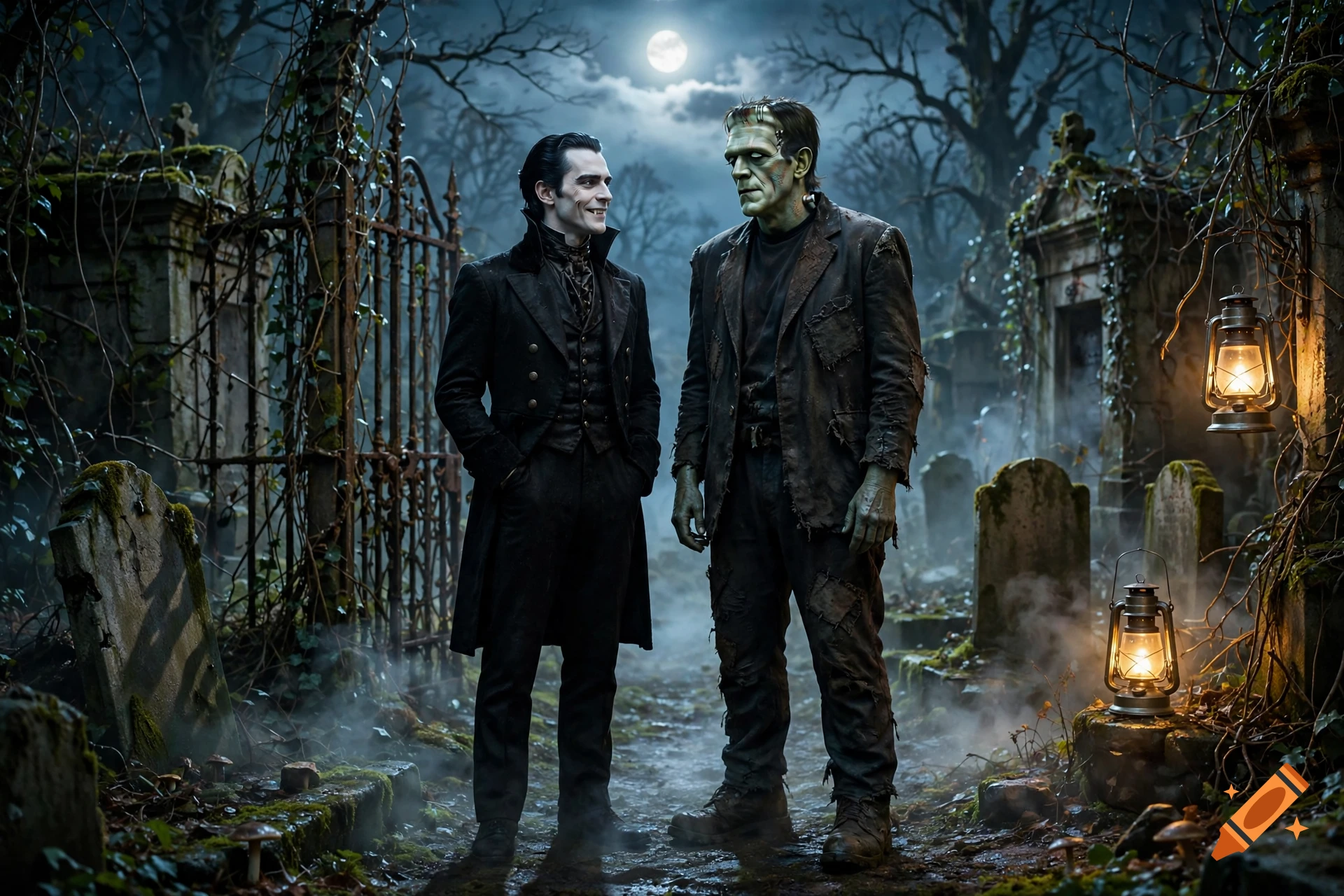 Photorealistic image of a vampire and Frankenstein's monster hanging out together in a spooky graveyard at night under a full moon.