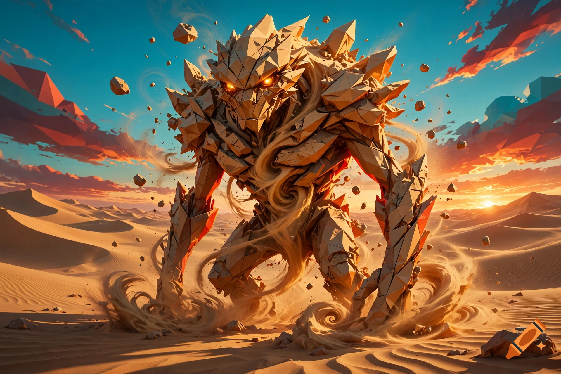Low poly desert sand monster with glowing orange eyes and swirling dust in a desert landscape at sunset.
