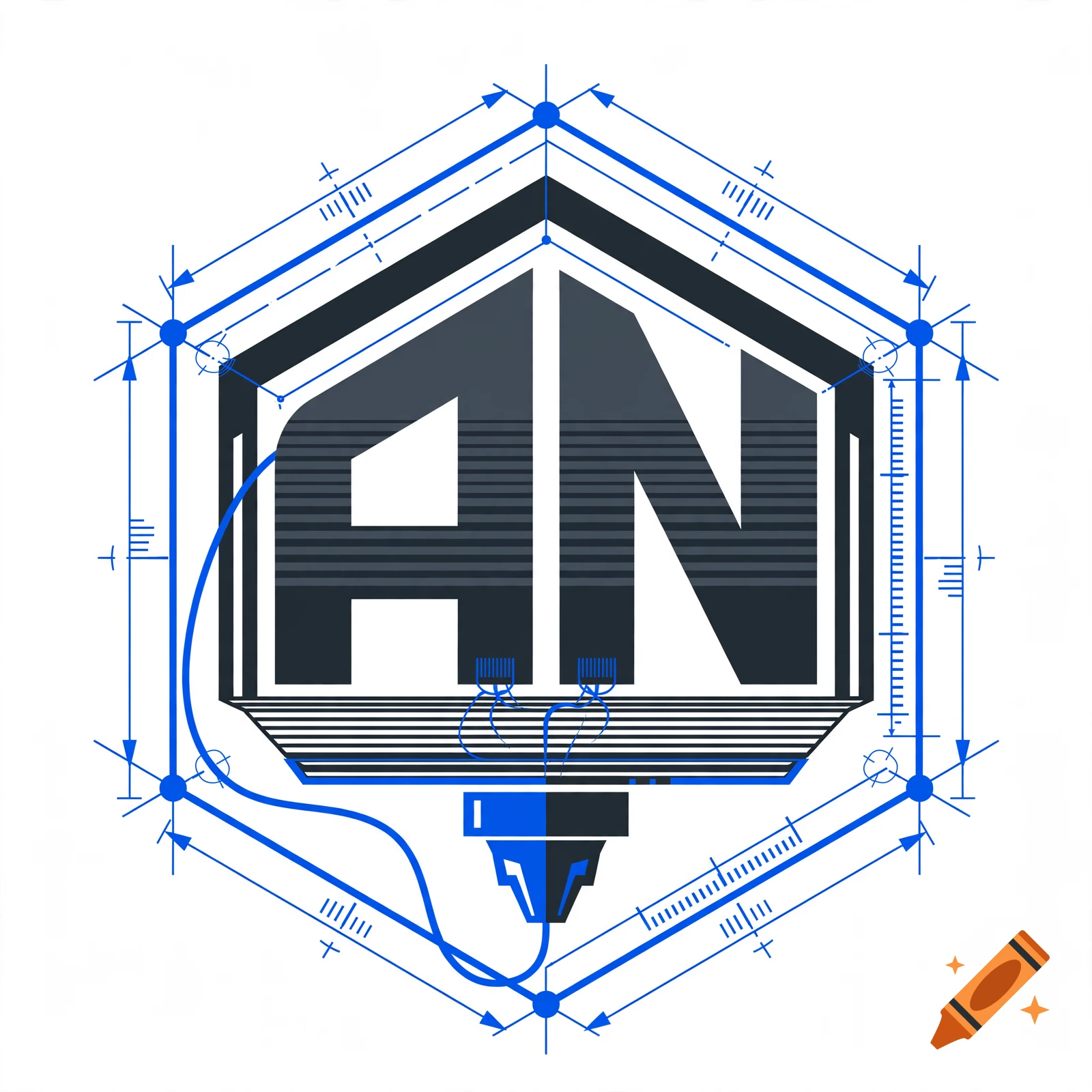 Modern 3D printing logo with blueprint lines and the initials AN inside a hexagon in blue and dark gray.