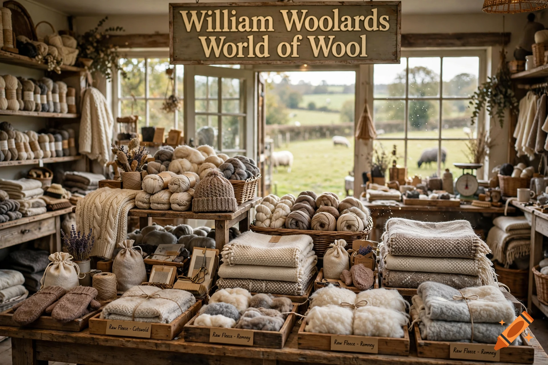Photorealistic interior of a rustic wool shop filled with shelves of yarn, knitted goods, and raw fleece, with a sign reading 'William Woolards World of Wool'.