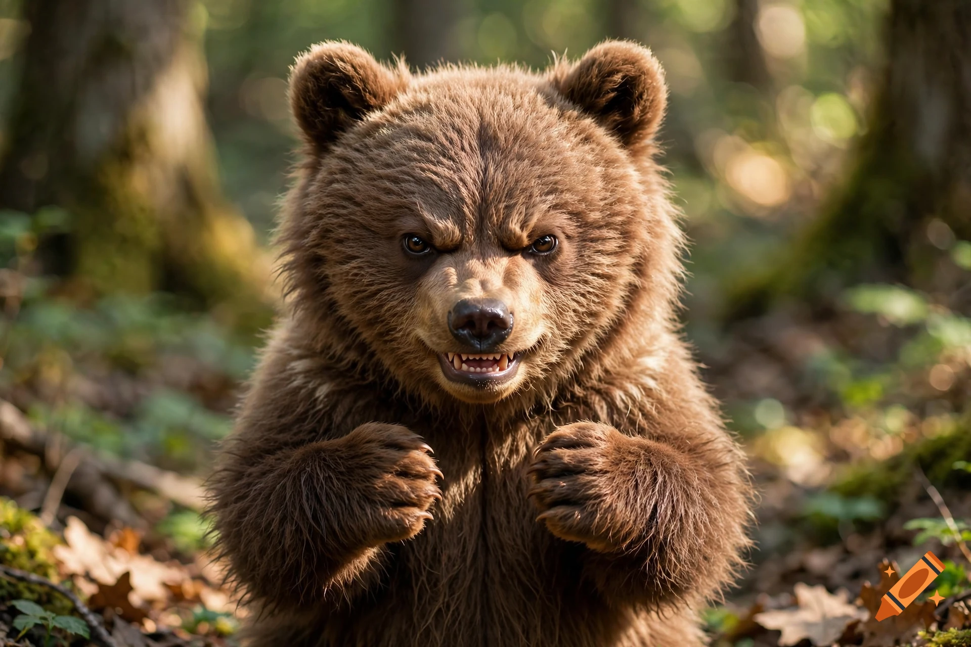 Photorealistic close-up of a cute, angry brown bear cub with bared teeth, standing in a forest with dappled sunlight.