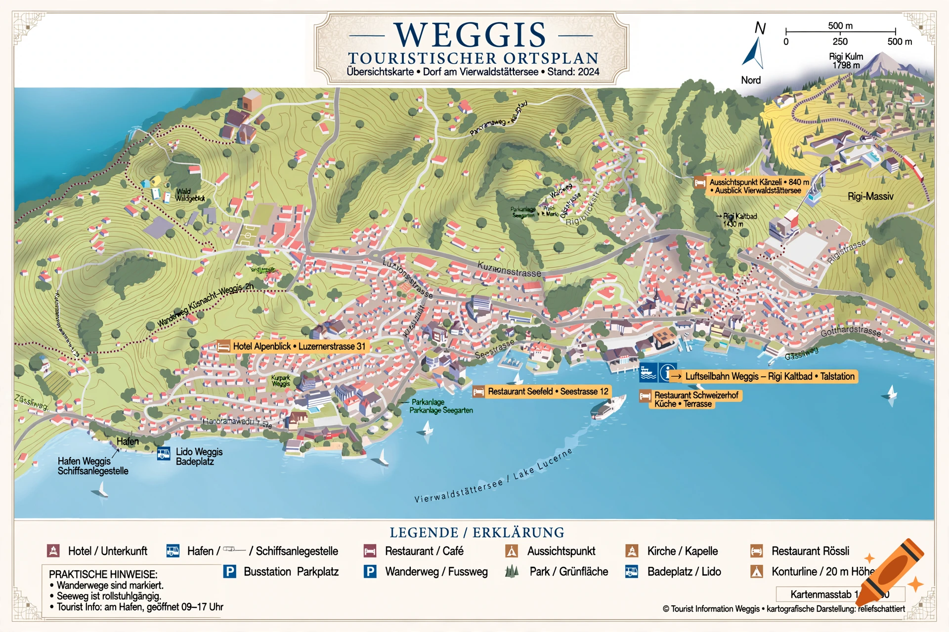 Detailed tourist map and overview of Weggis, Switzerland, with a legend in German.