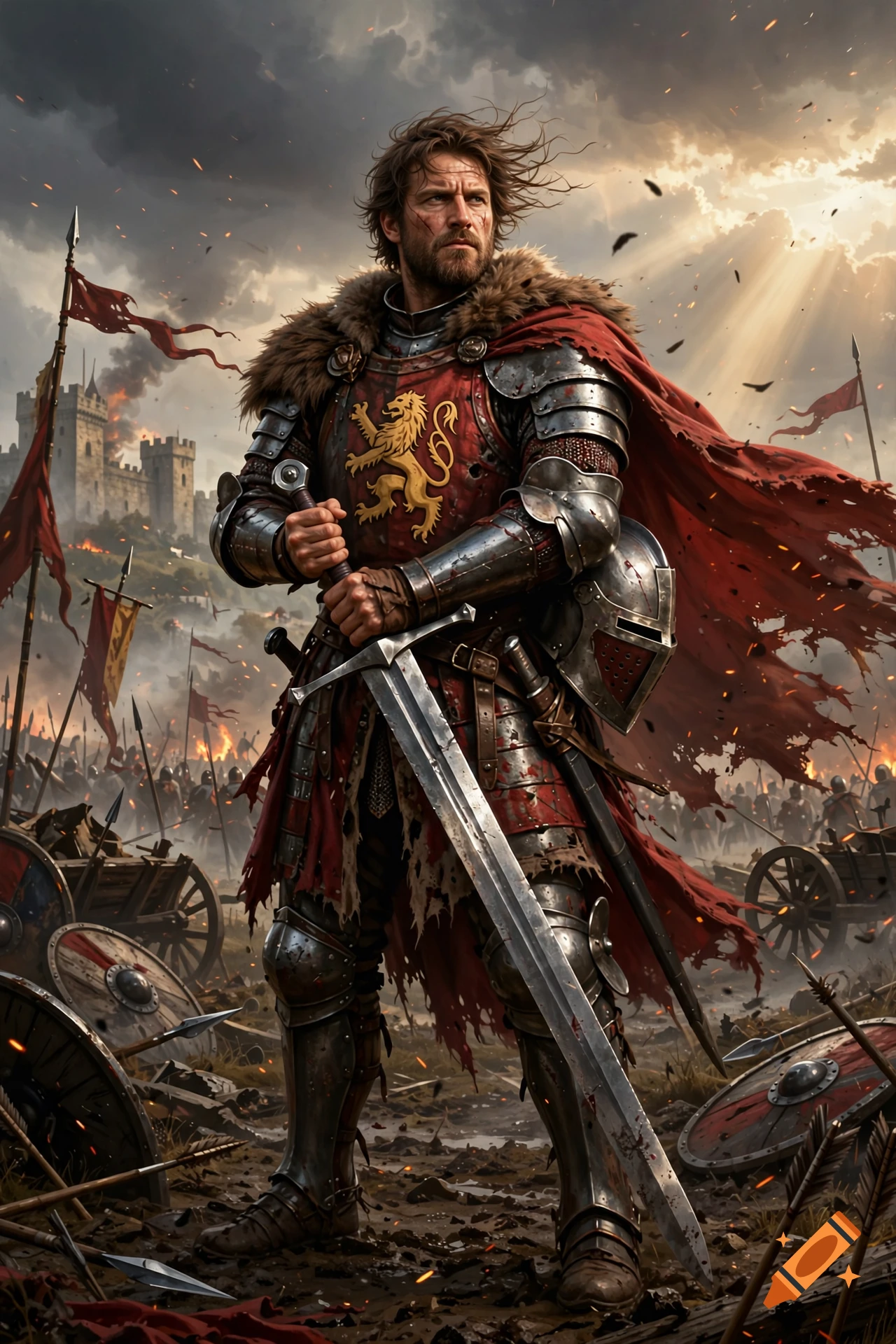 Detailed digital painting of a medieval knight in bloodied red and steel armor holding a greatsword on a battlefield with a burning castle in the background.