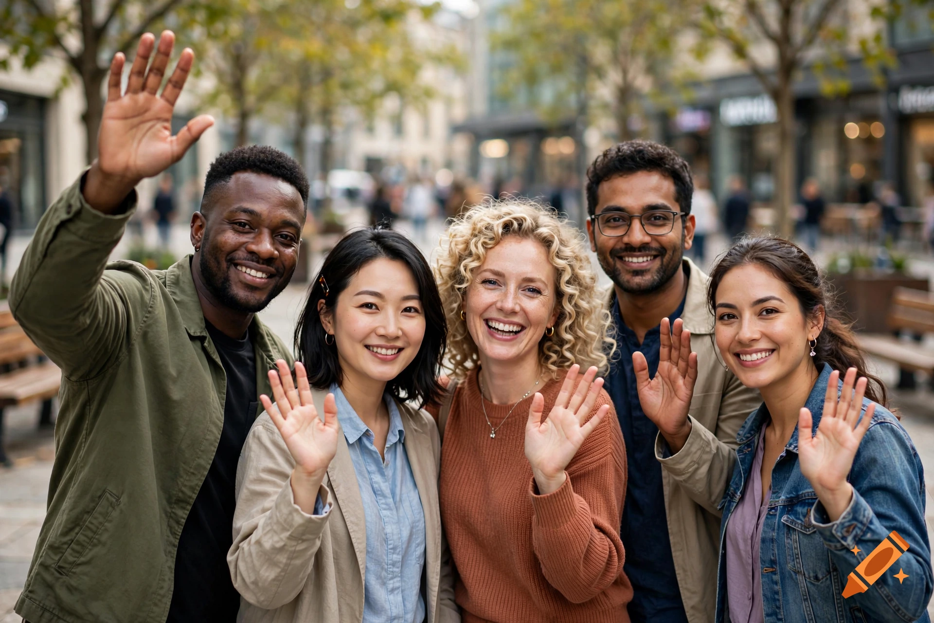 Photorealistic group of diverse smiling friends waving at the camera on a city street.