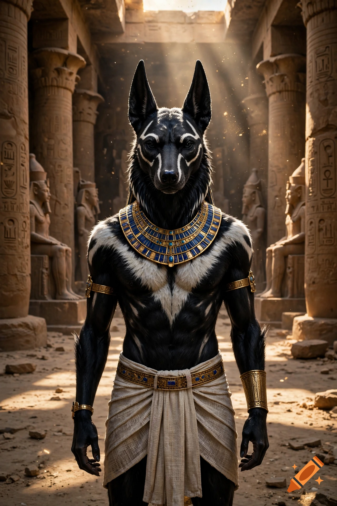 Photorealistic depiction of Anubis with a jackal head and muscular human body standing in an ancient Egyptian temple.