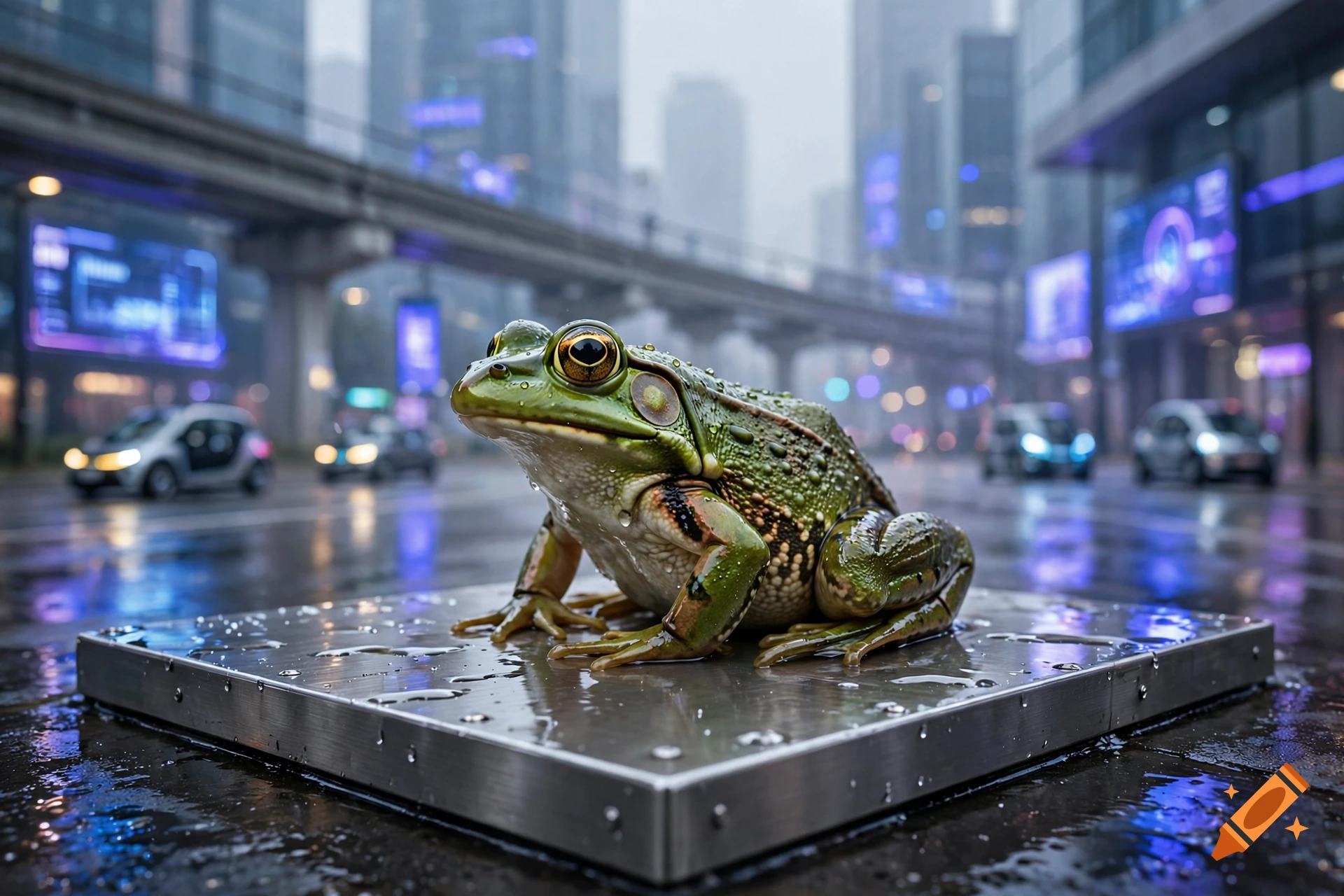 Photorealistic green frog sitting on a metallic platform in a futuristic city street during a rainy day.