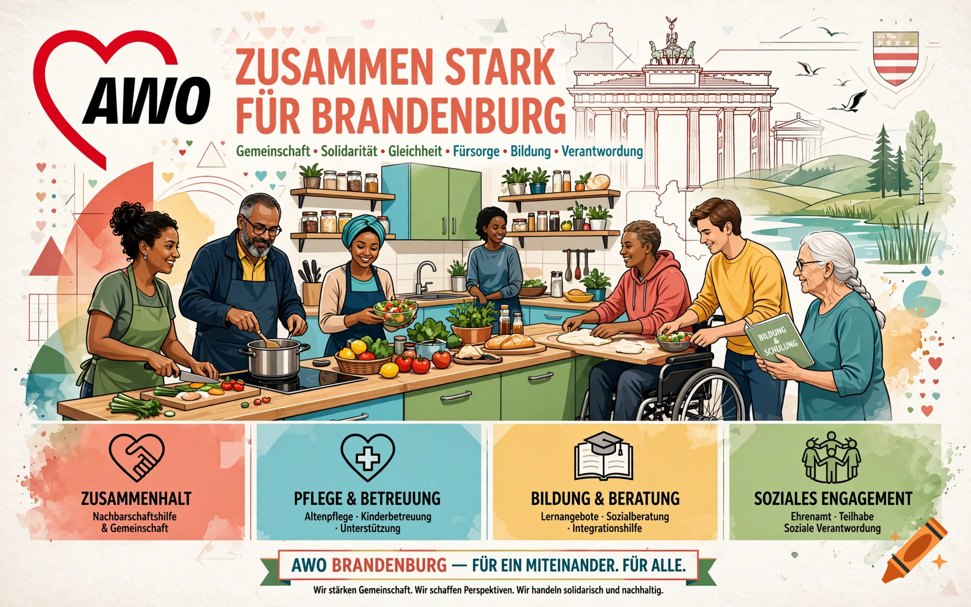 Colorful promotional illustration showing diverse people cooking together, with German text and Berlin skyline.
