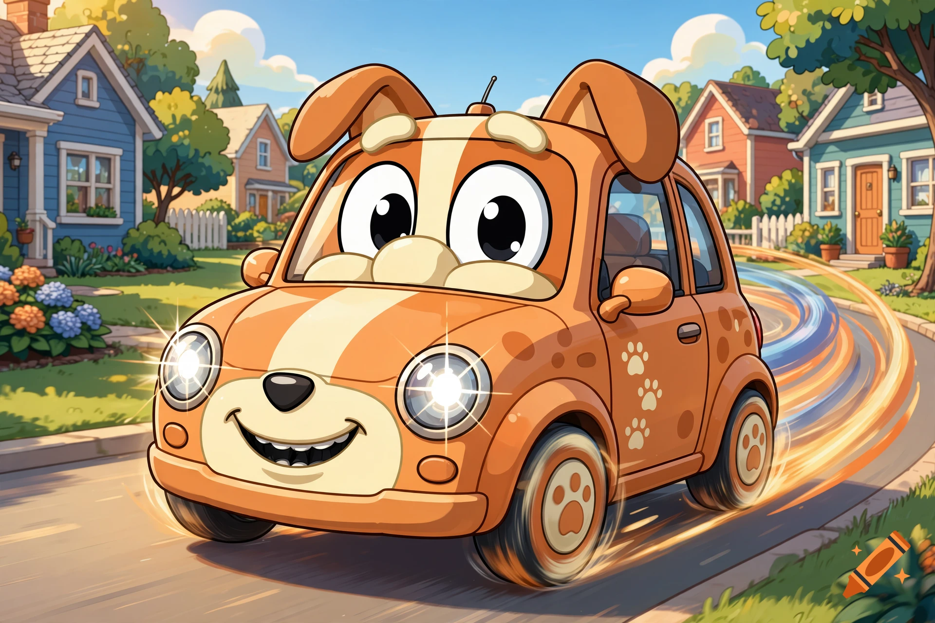 Animated illustration of an orange car designed to look like the character Bingo from Bluey, driving down a suburban street.