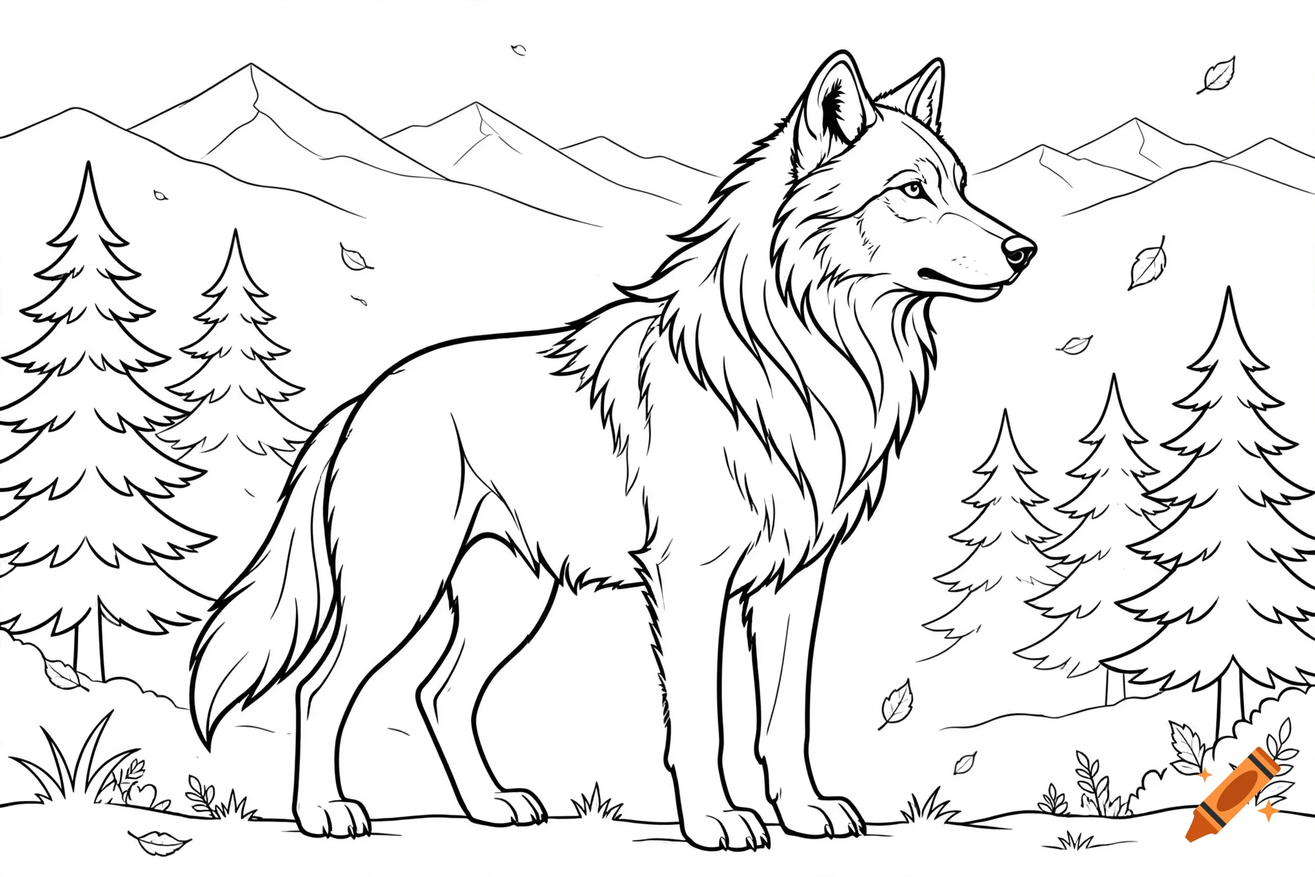 Black and white line art coloring page of a wolf standing in a forest with pine trees and mountains in the background.