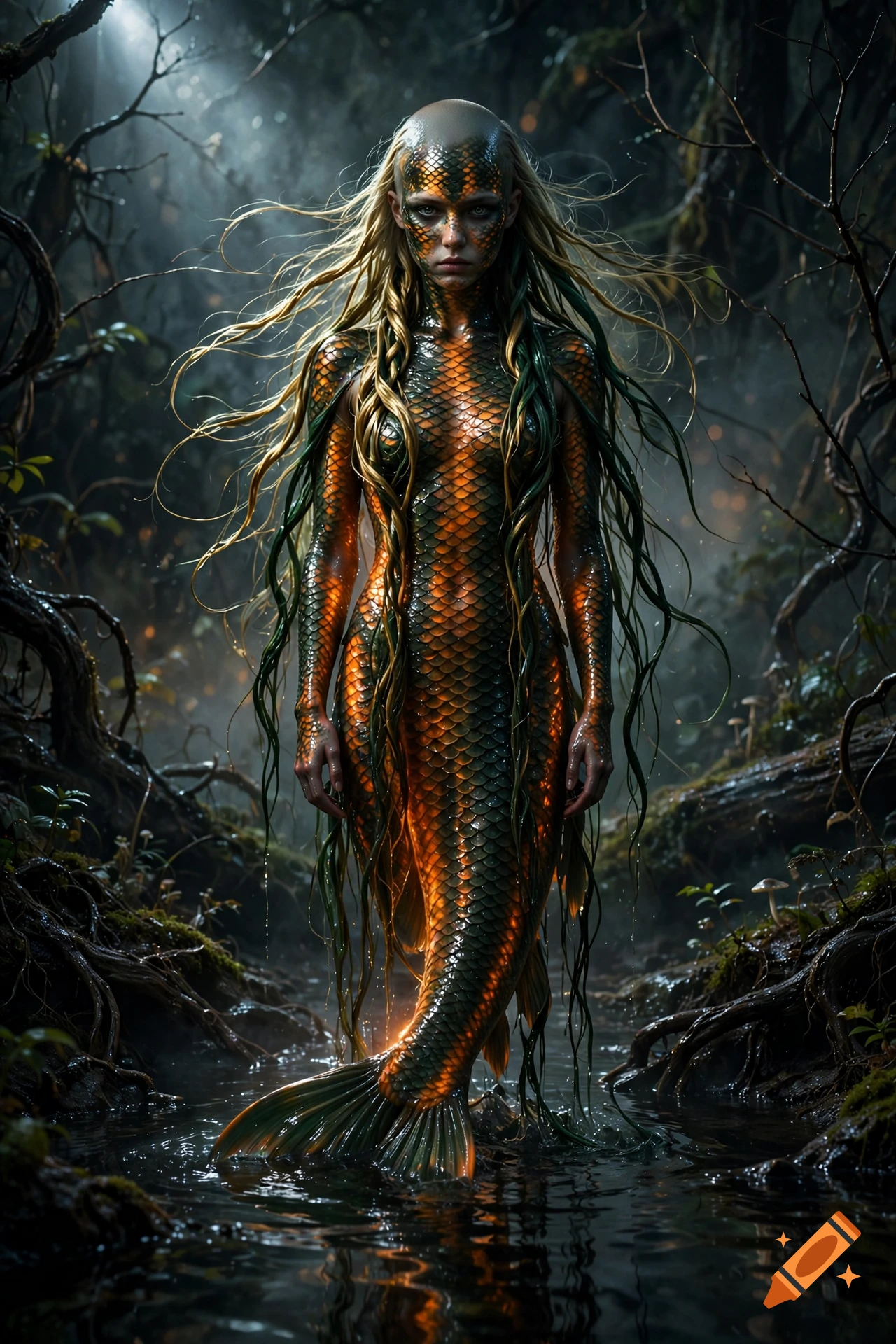 Photorealistic image of a mysterious humanoid with glowing orange and green fish scales and flowing hair in a dark forest stream.