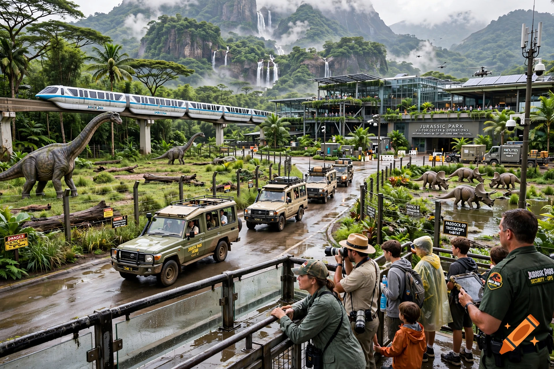 Photorealistic scene of a functioning Jurassic Park with monorail, safari vehicles, and tourists viewing dinosaurs.