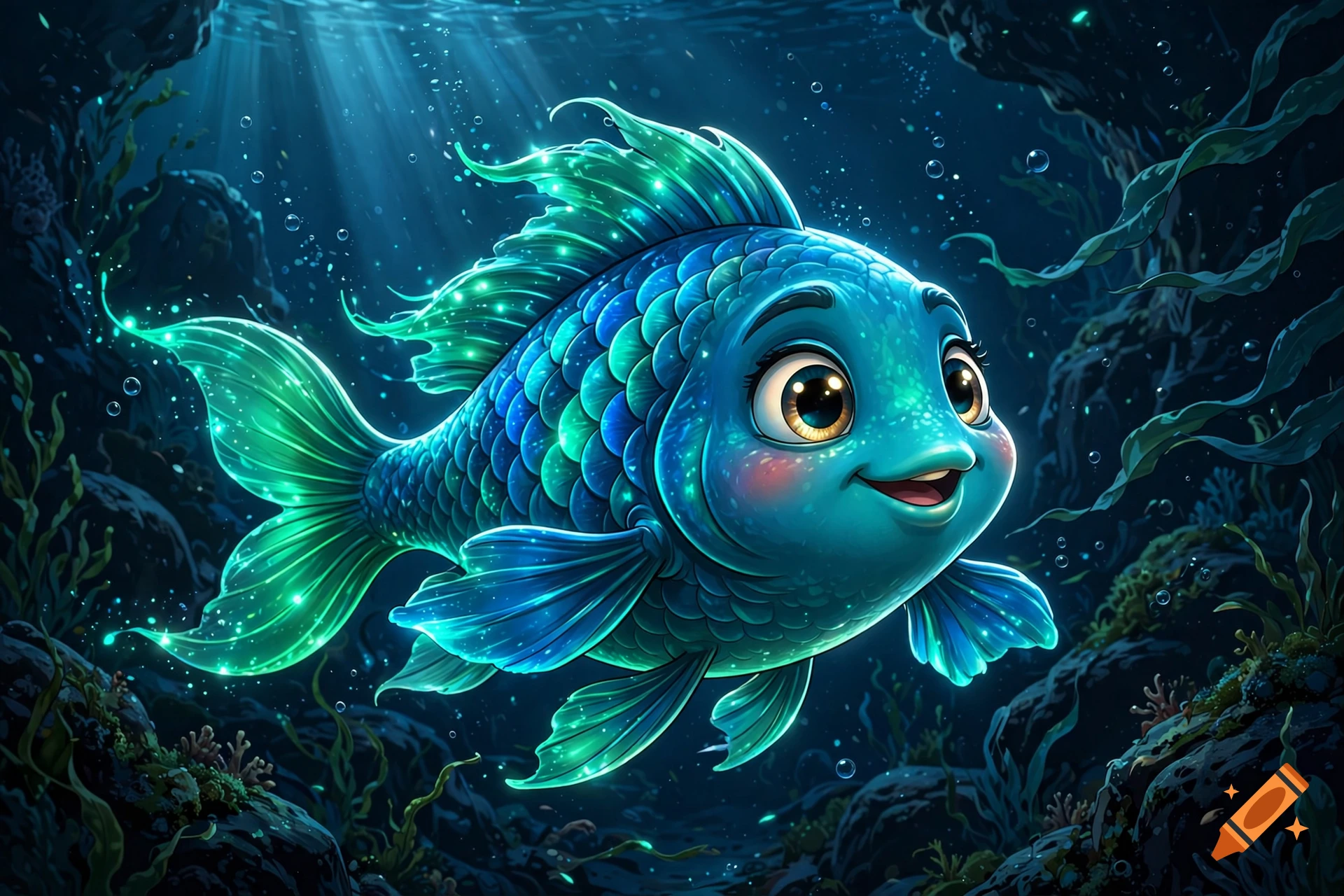 Cartoon-style blue fish with glowing green fins swimming in the deep sea with bubbles and coral.
