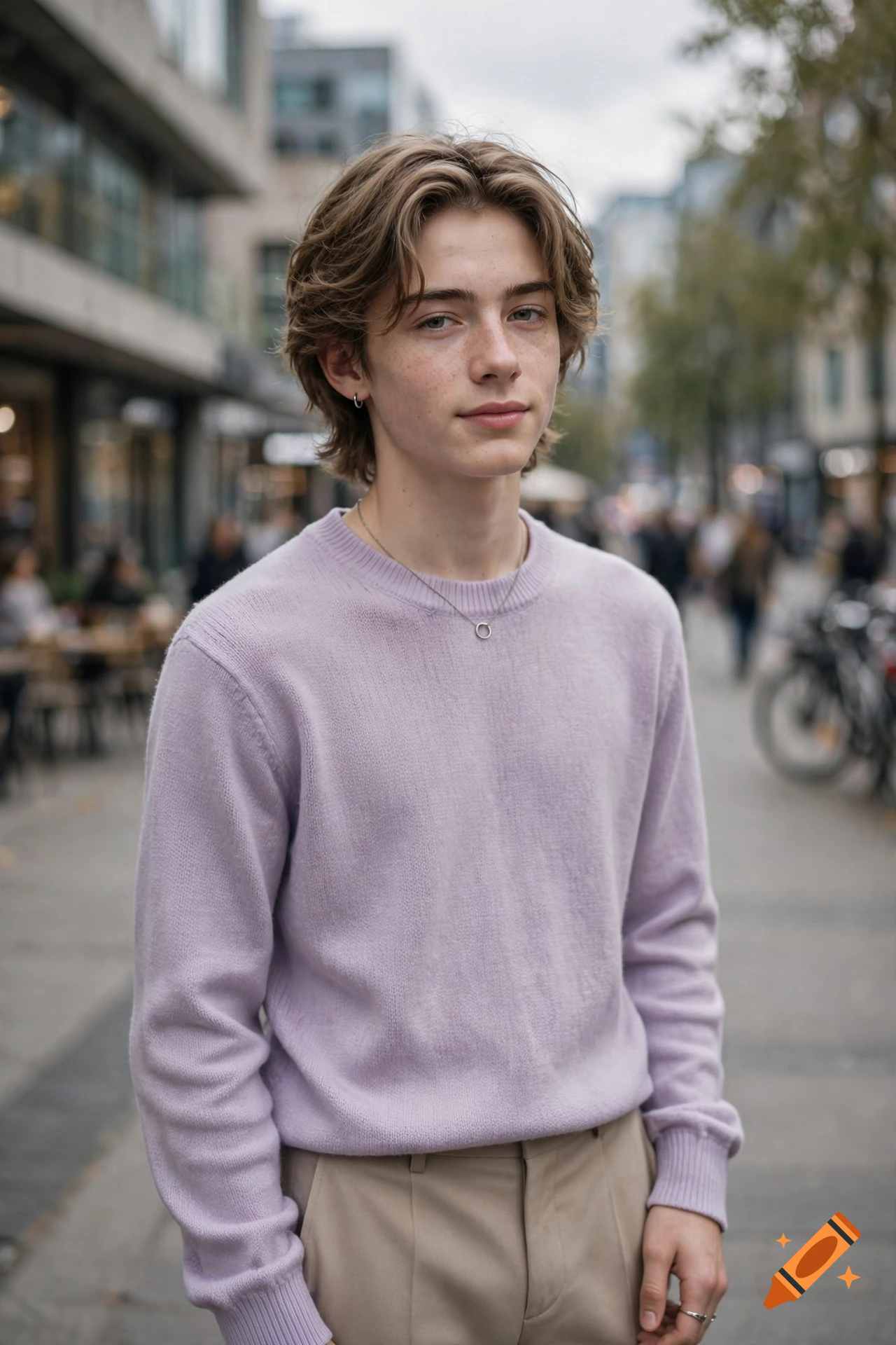 A portrait of a young person with light brown hair wearing a light purple sweater standing on a city street.