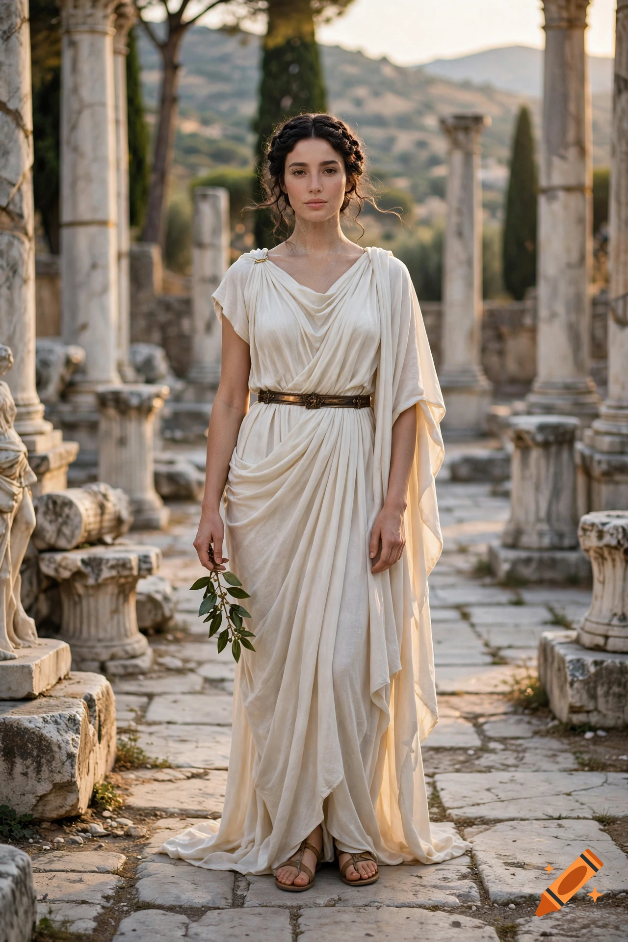 A woman in a white classical Greek chiton and sandals stands amid ancient stone ruins holding a small leafy branch.