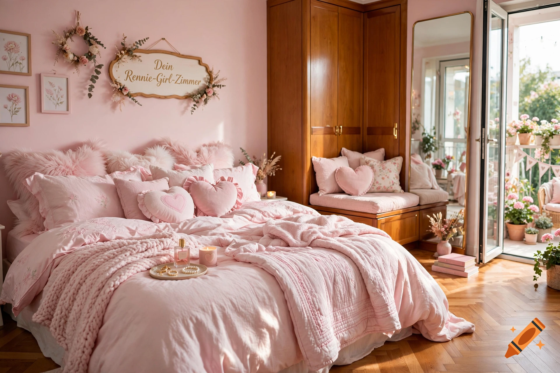 Cozy pink-themed bedroom with fluffy pillows, a wooden wardrobe, and a balcony visible through a mirror.