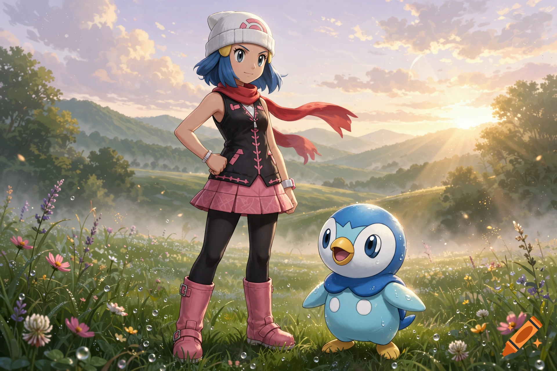 Anime style illustration of Dawn from Pokemon standing in a grassy field with Piplup during a scenic sunset.