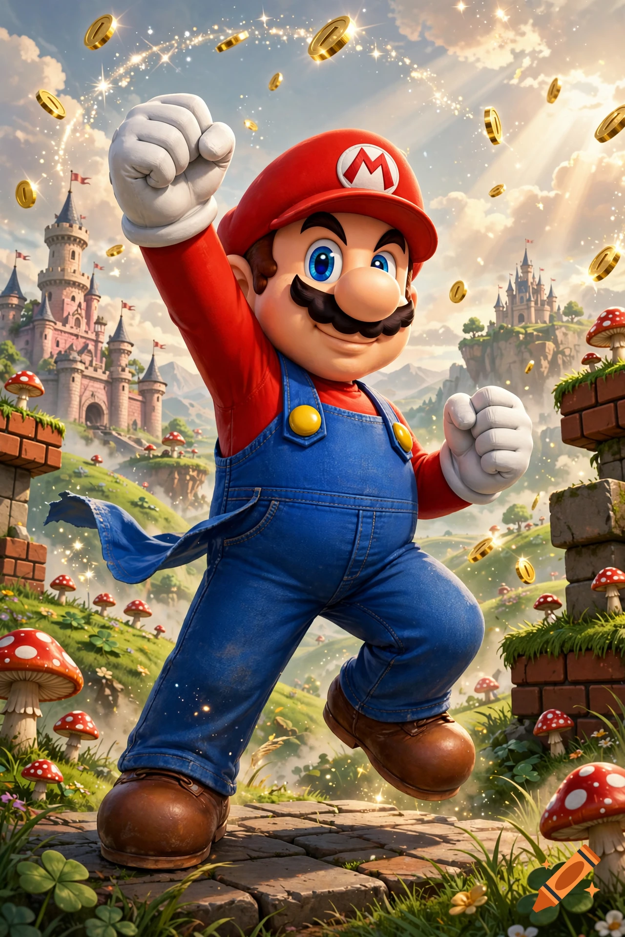 Mario in a vibrant fantasy landscape with castles, floating islands, mushrooms, and falling gold coins.
