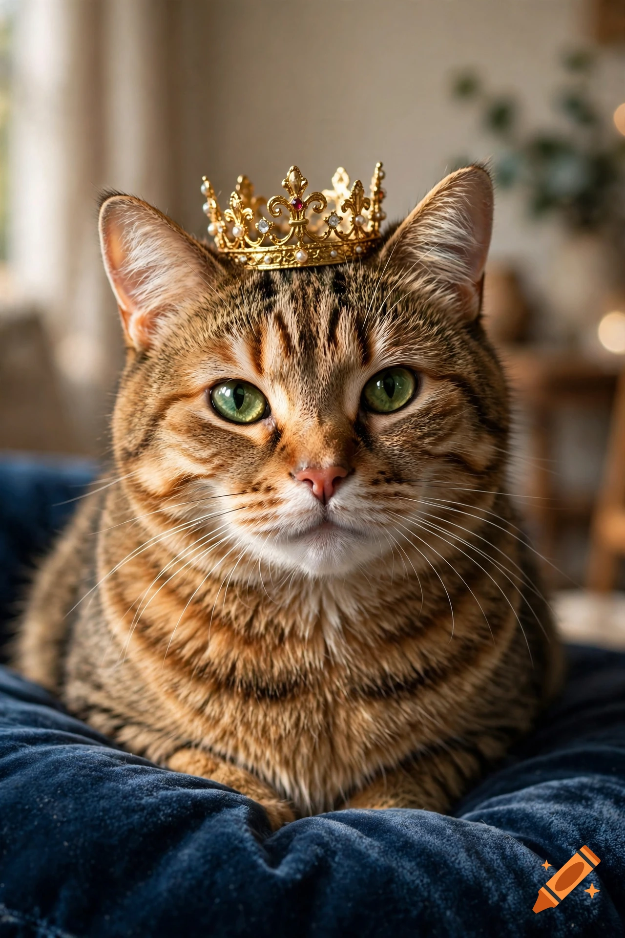 Close-up photorealistic portrait of a tabby cat wearing a golden jeweled crown on a blue cushion.