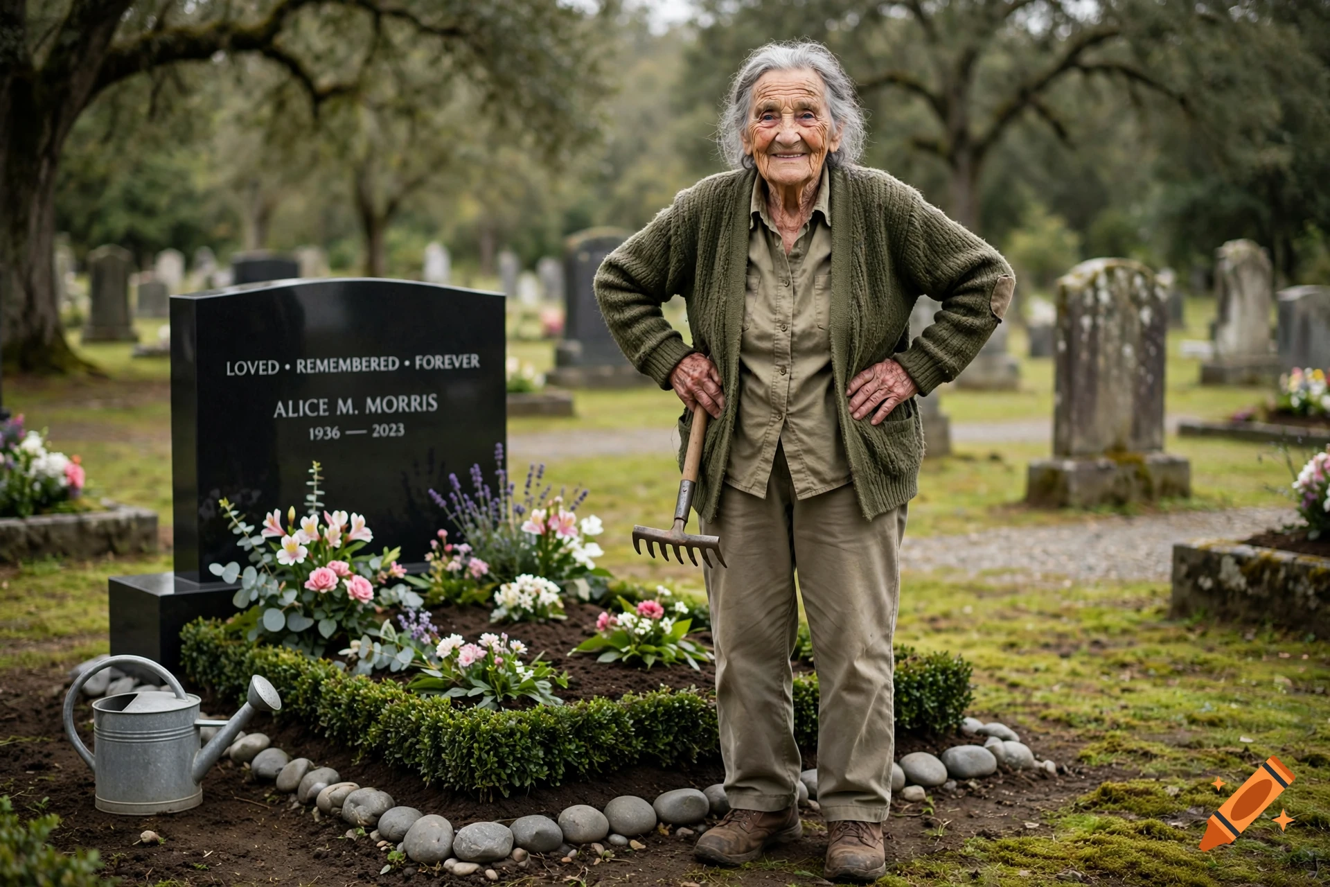 Photorealistic image of an elderly woman standing proudly and smiling next to a modern gravestone in a cemetery.