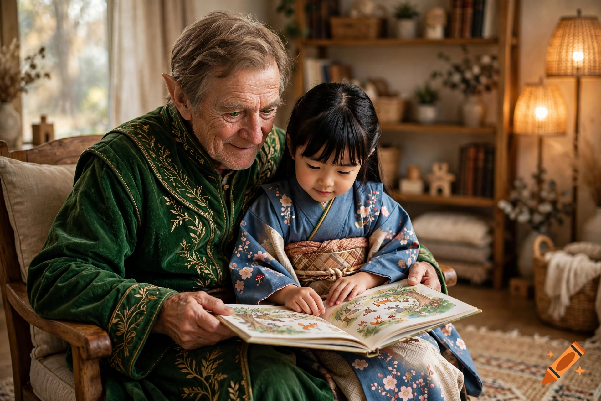 An elderly male elf in green robes reads a storybook to a young girl in a blue kimono sitting on his lap.