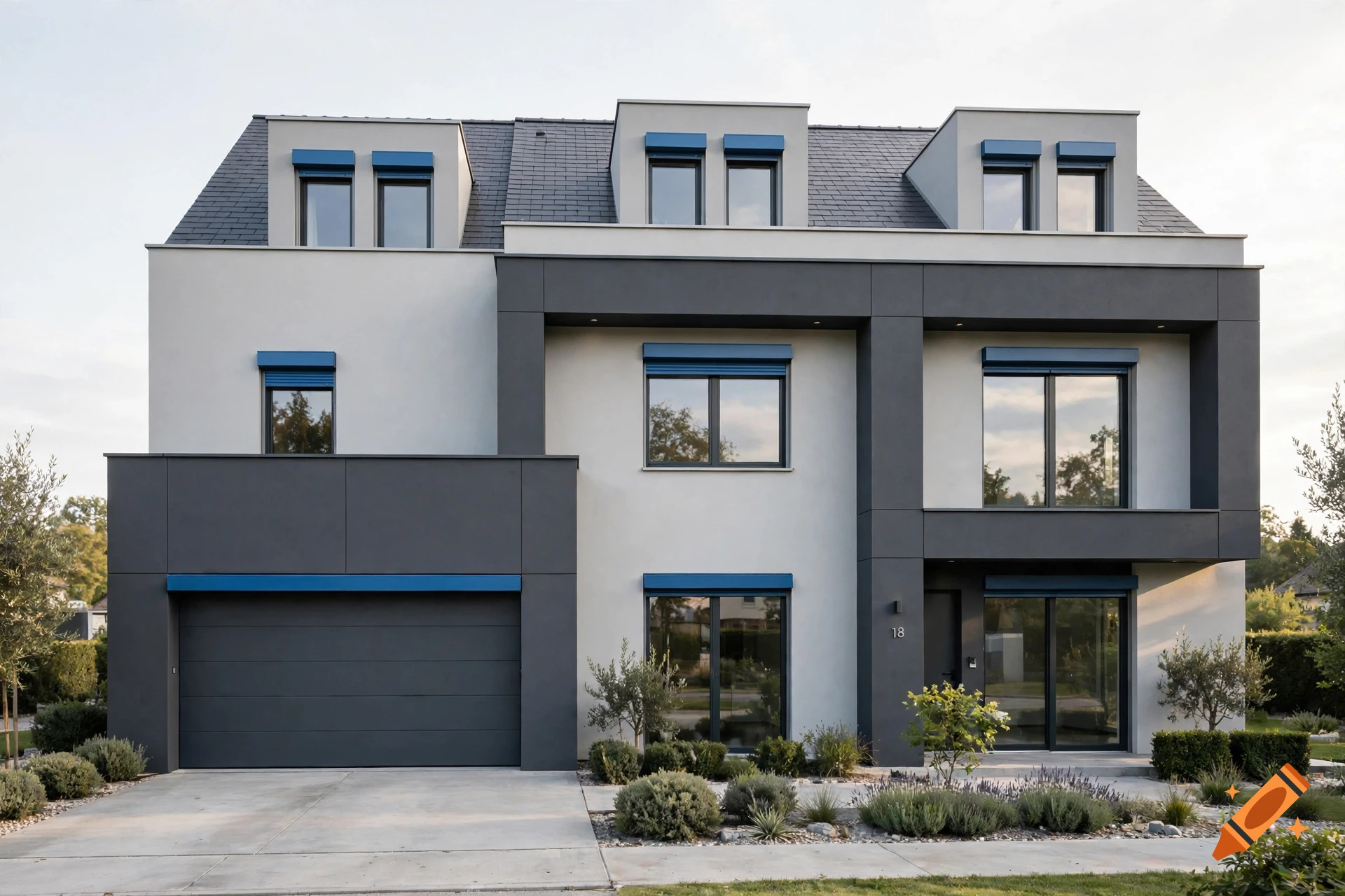 Photorealistic image of a modern two-story house with gray walls, dark anthracite accents, blue roller shutters, and a garage.