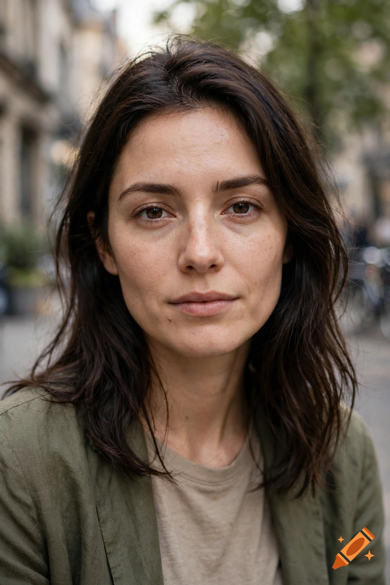Photorealistic close-up portrait of a young brunette woman with freckles, wearing a green jacket outdoors.