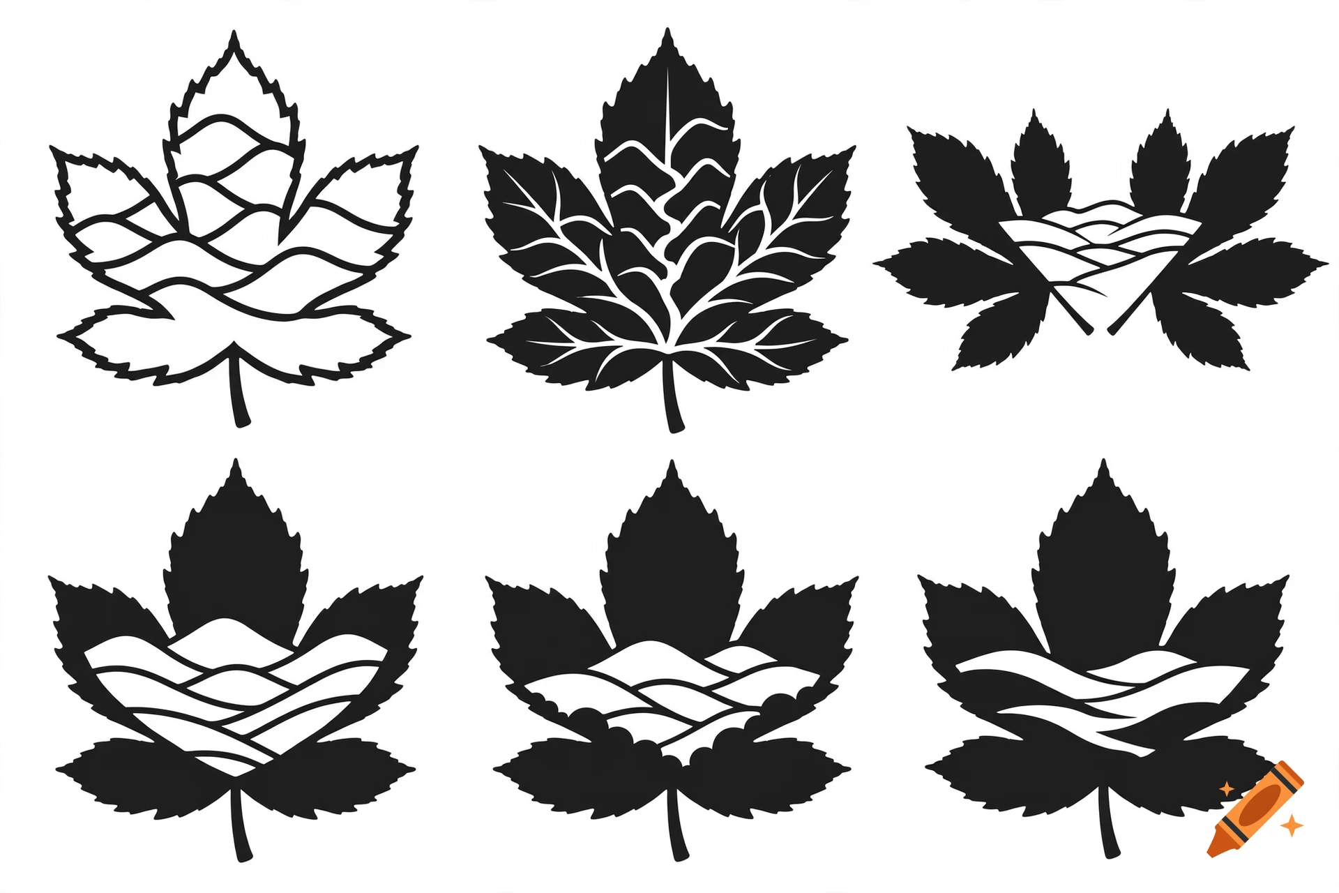 Six black and white tattoo design variations combining chestnut leaves and mountain landscapes in negative space.