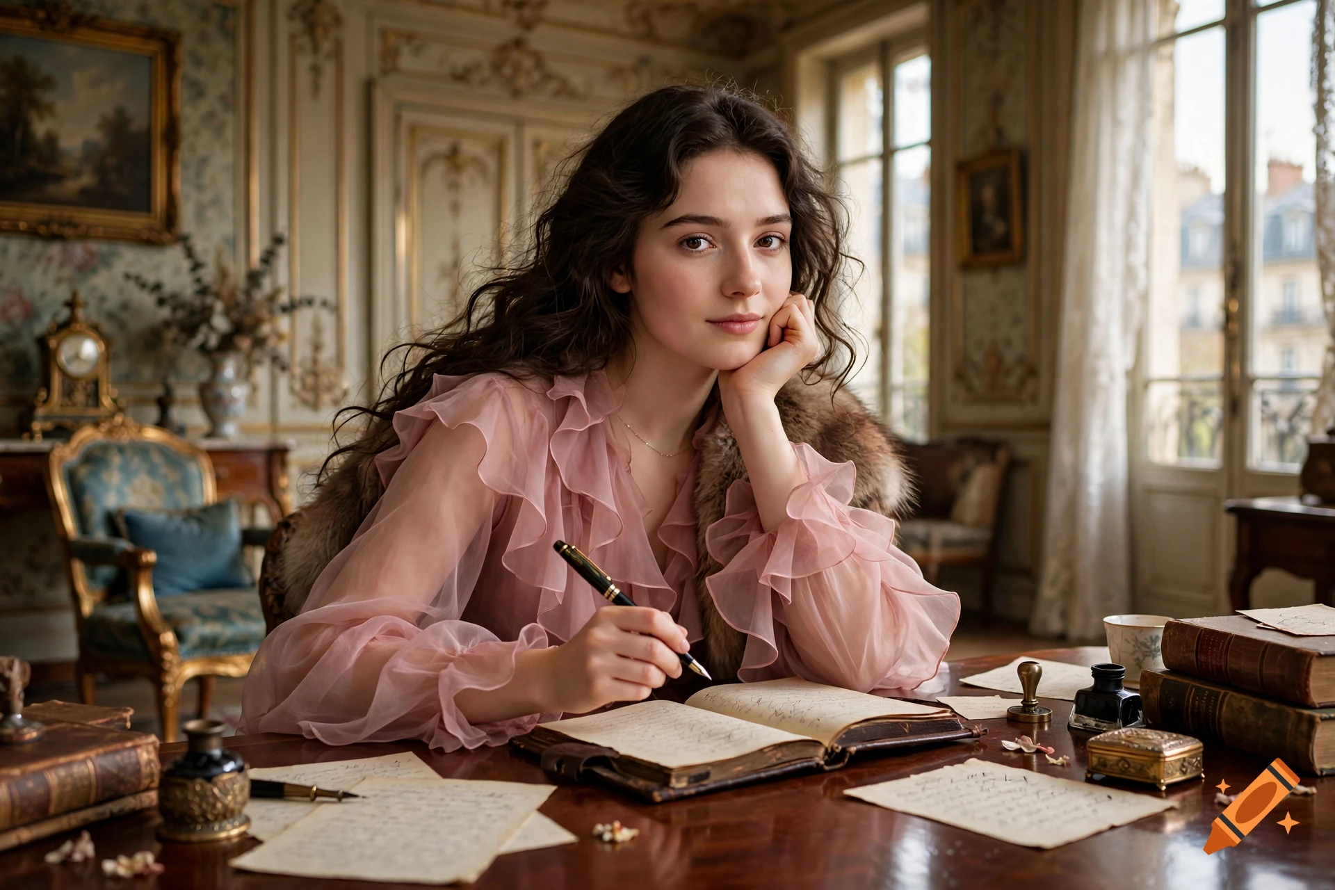 Photorealistic portrait of a young woman in an 1860s Paris apartment writing in a vintage notebook at a mahogany desk.