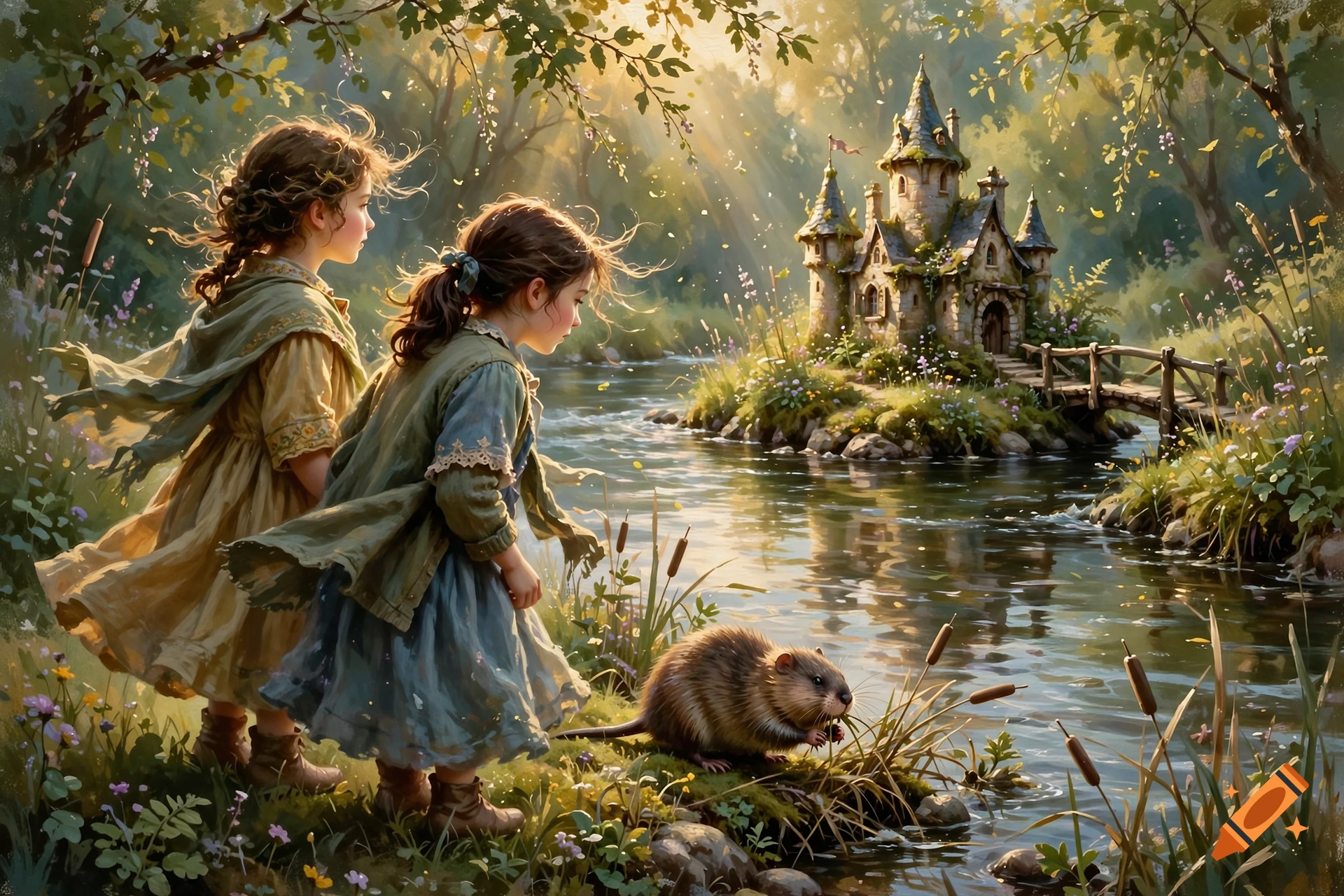 Two young girls stand by a scenic river in a lush forest, watching a muskrat near a small fantasy castle, painted style.