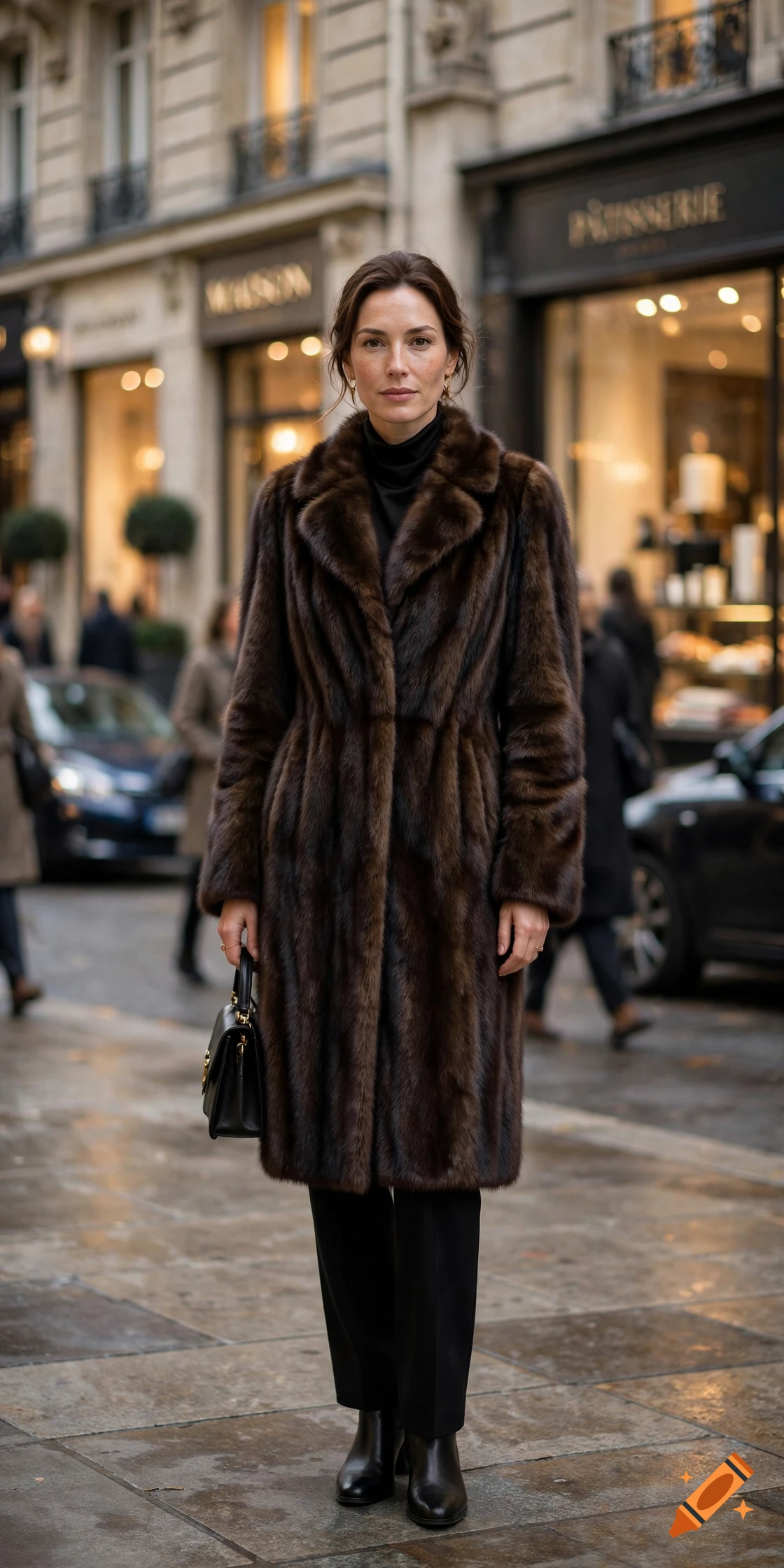 Photorealistic full-body shot of a woman in a long brown fur coat standing on a European street.