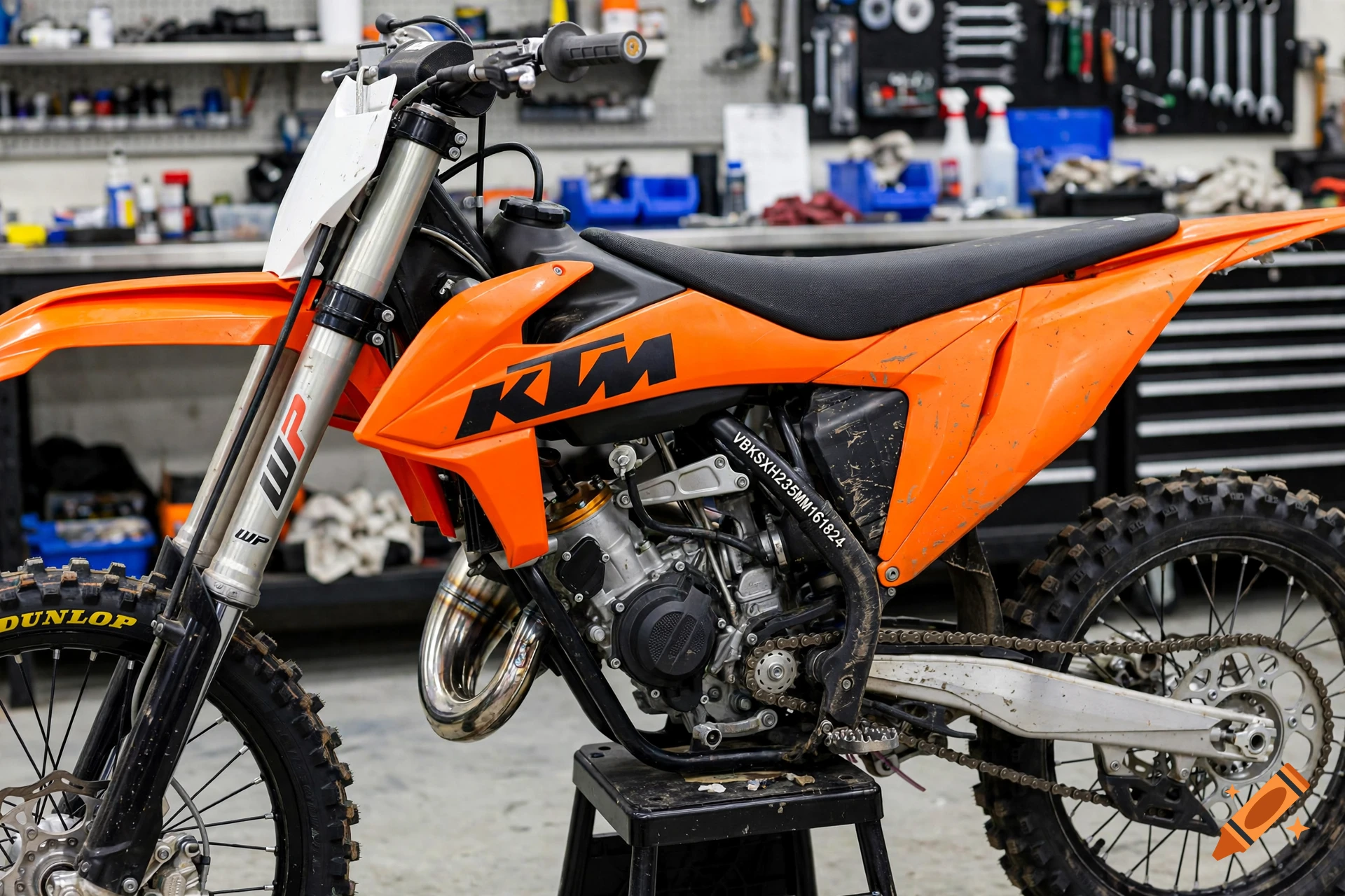 Close-up of an orange and black KTM dirt bike parked in a workshop with tools in the background, photorealistic.