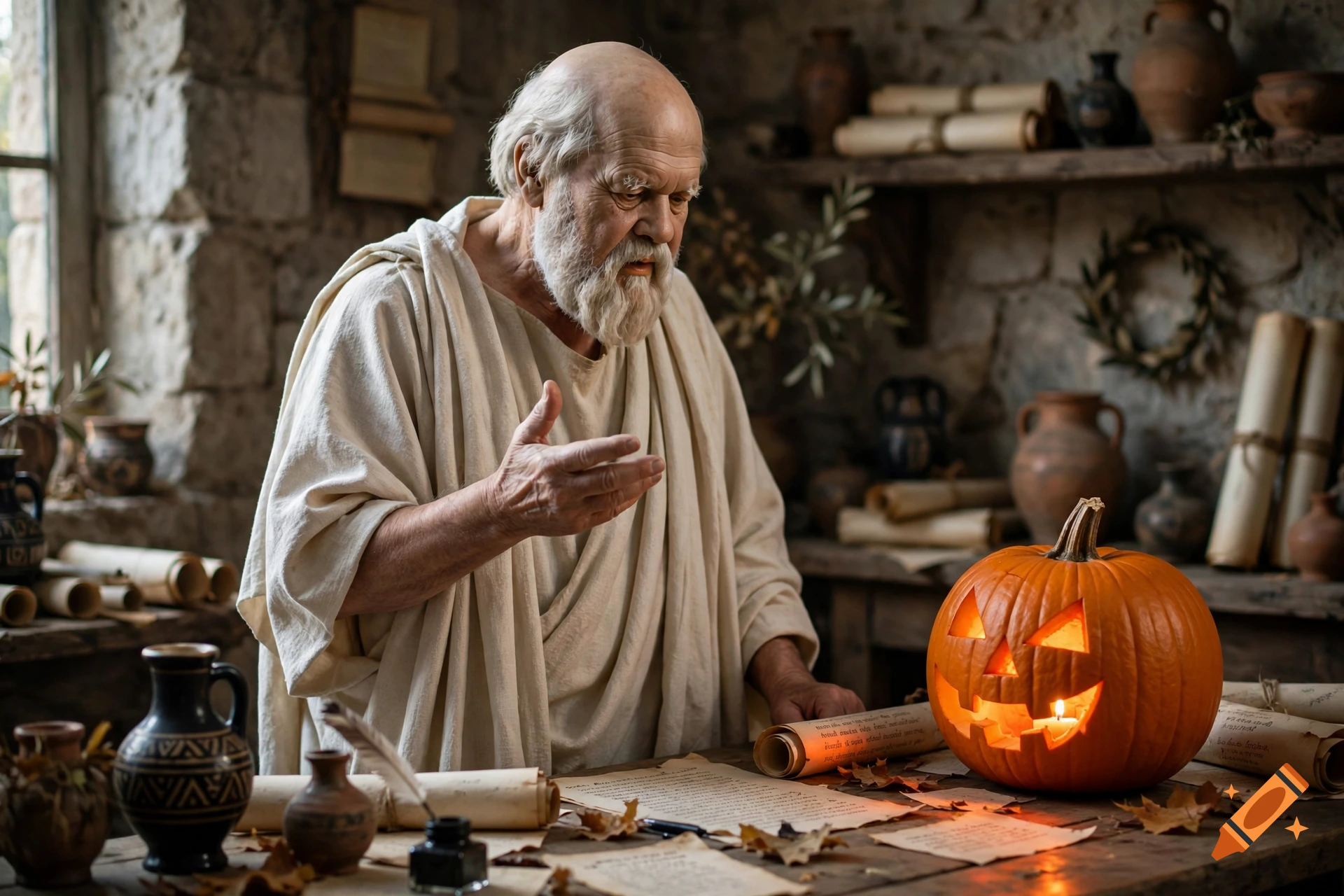 An elderly bearded man in a toga gesturing toward a carved glowing pumpkin on a wooden table laden with scrolls, photorealistic.