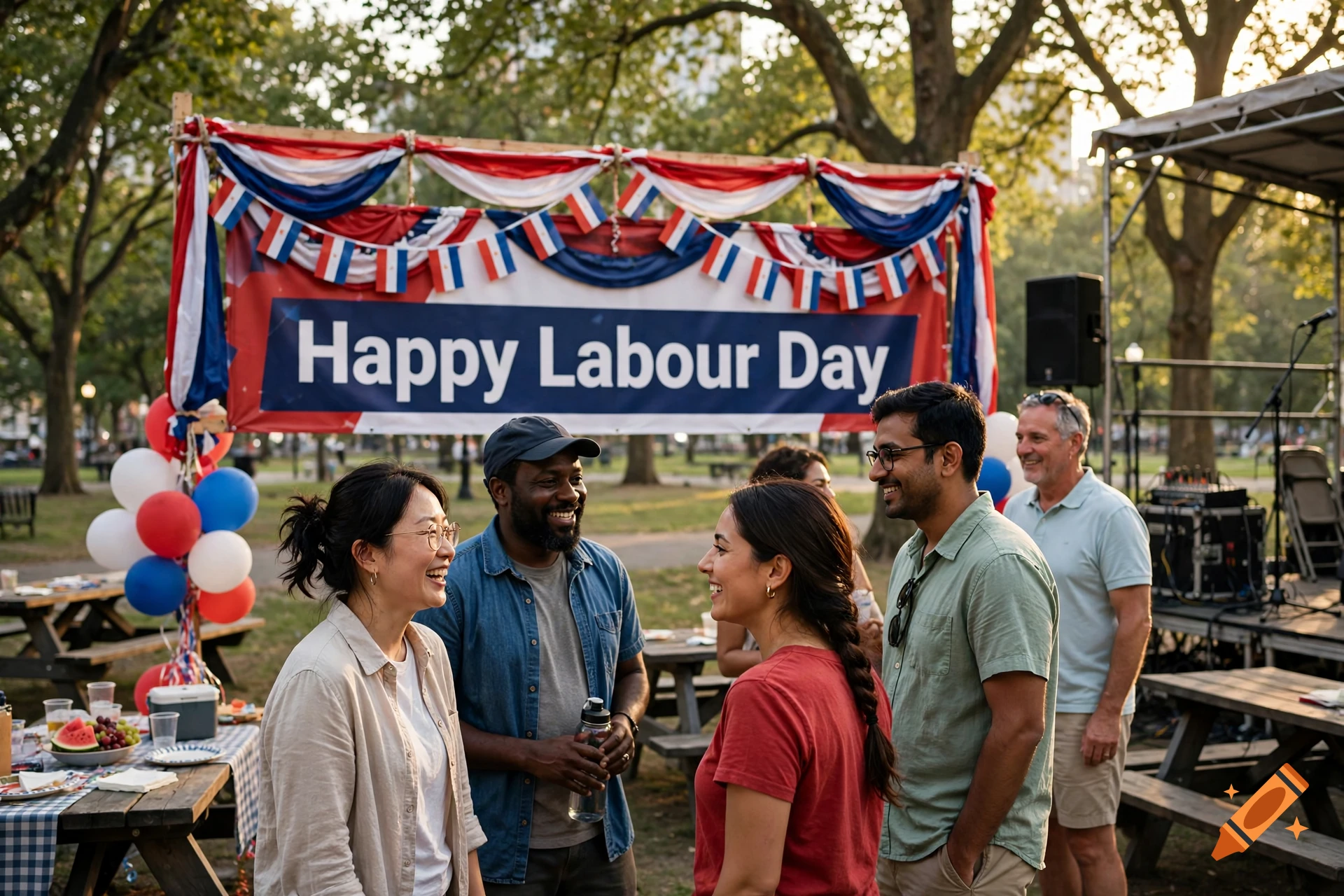 Photorealistic image of a diverse group of friends smiling and talking at a Labour Day park celebration with a banner overhead.