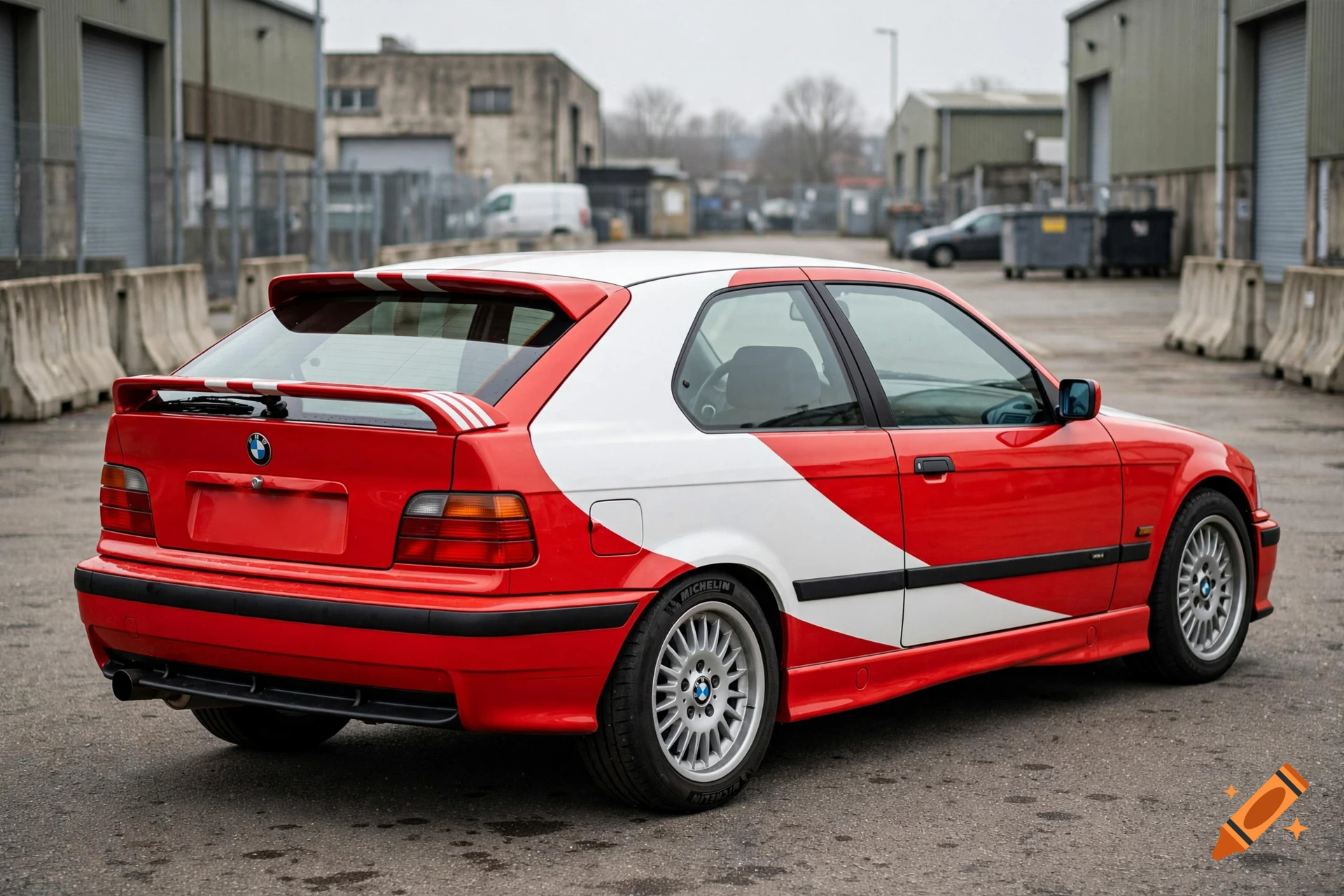 Rear-three-quarter view of a parked red and white BMW E36 Compact with a custom spoiler in an industrial area, photorealistic.