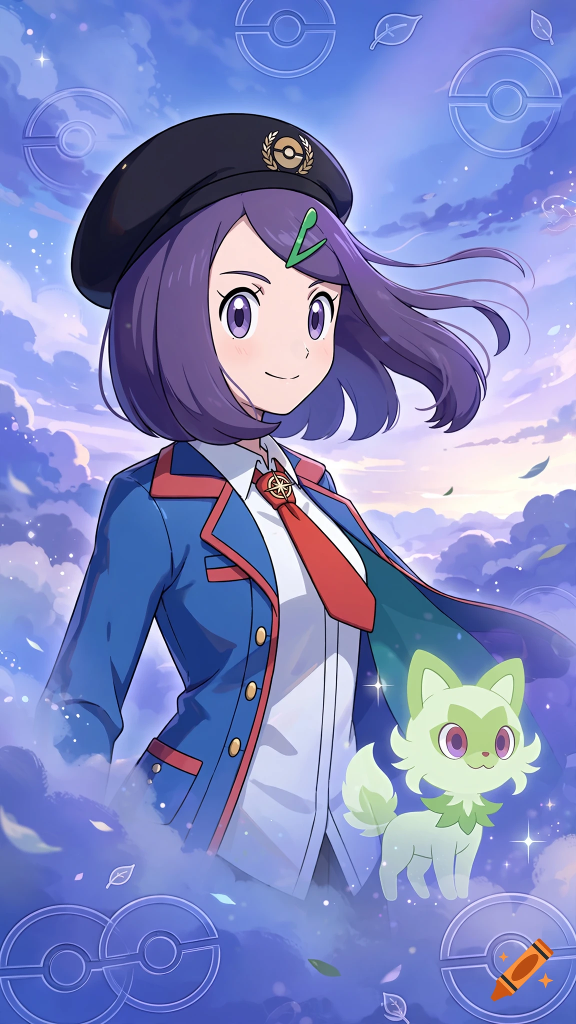 Anime style illustration of Liko from Pokemon with her Sprigatito against a cloudy blue sky background.