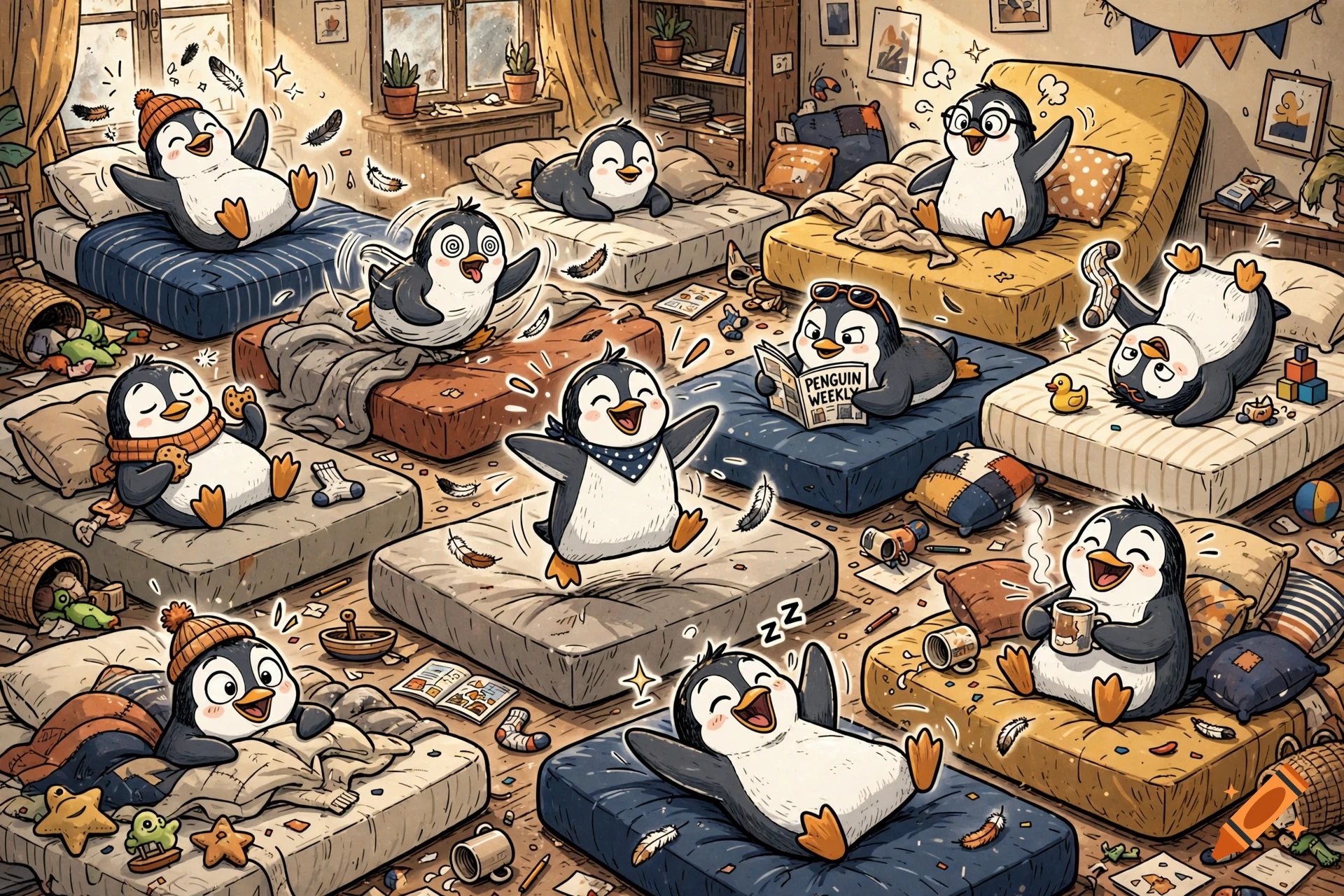 Comic illustration of ten playful penguins on mattresses in a messy living room.