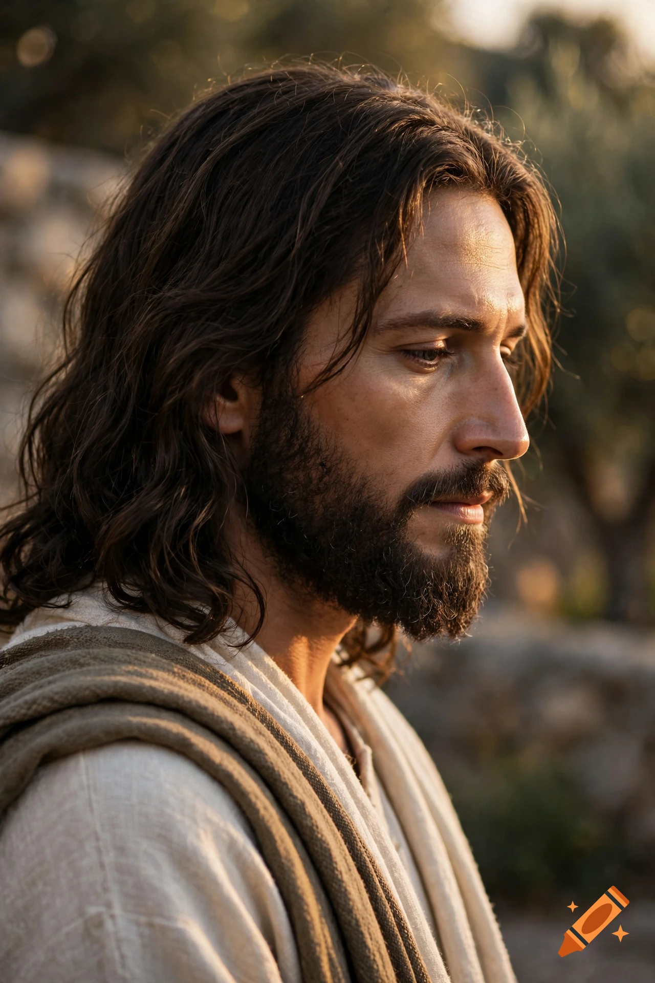 Photorealistic side profile of Jesus with long brown hair, beard, and a robe, outdoors in warm sunlight.