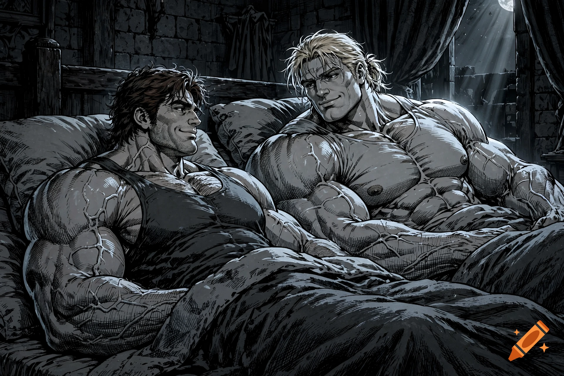 Dark anime manga style illustration of two colossal muscular men resting in bed together, intense shading and detailed anatomy.