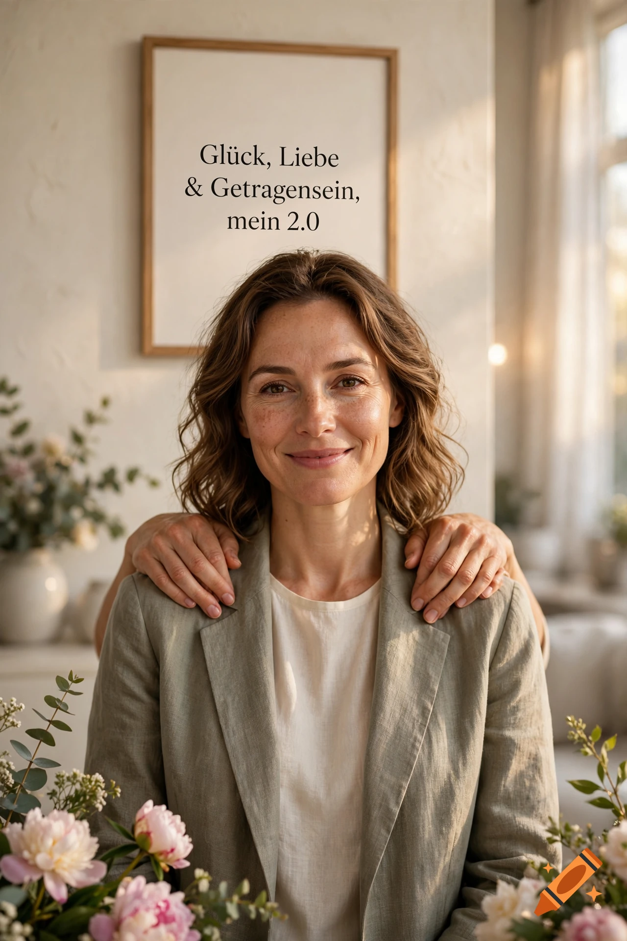Photorealistic portrait of a smiling woman with freckles, wearing a light jacket, with a framed text poster on the wall behind her.