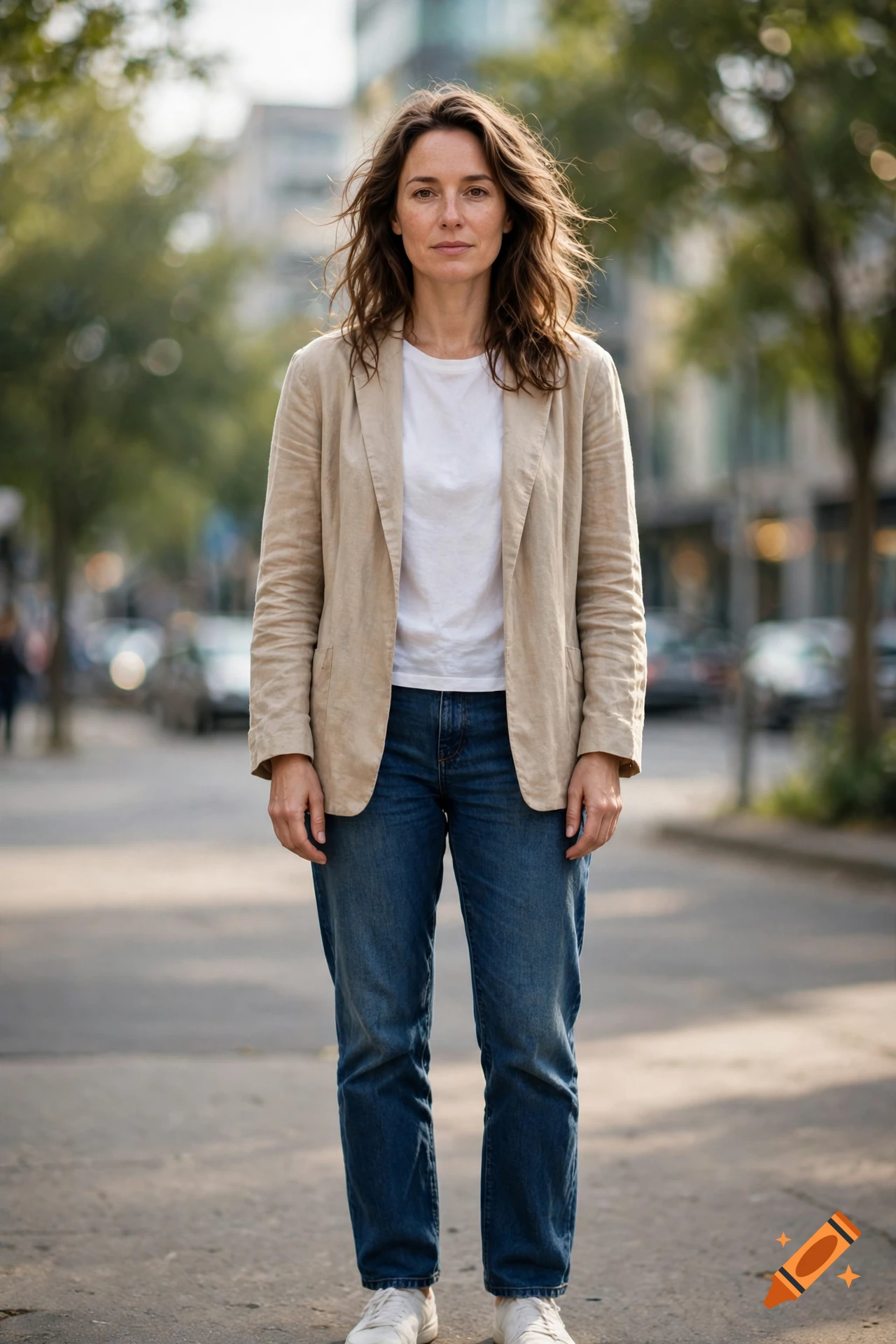 Photorealistic full-body portrait of a woman with wavy hair wearing a beige blazer, white t-shirt, and jeans standing on a city street.