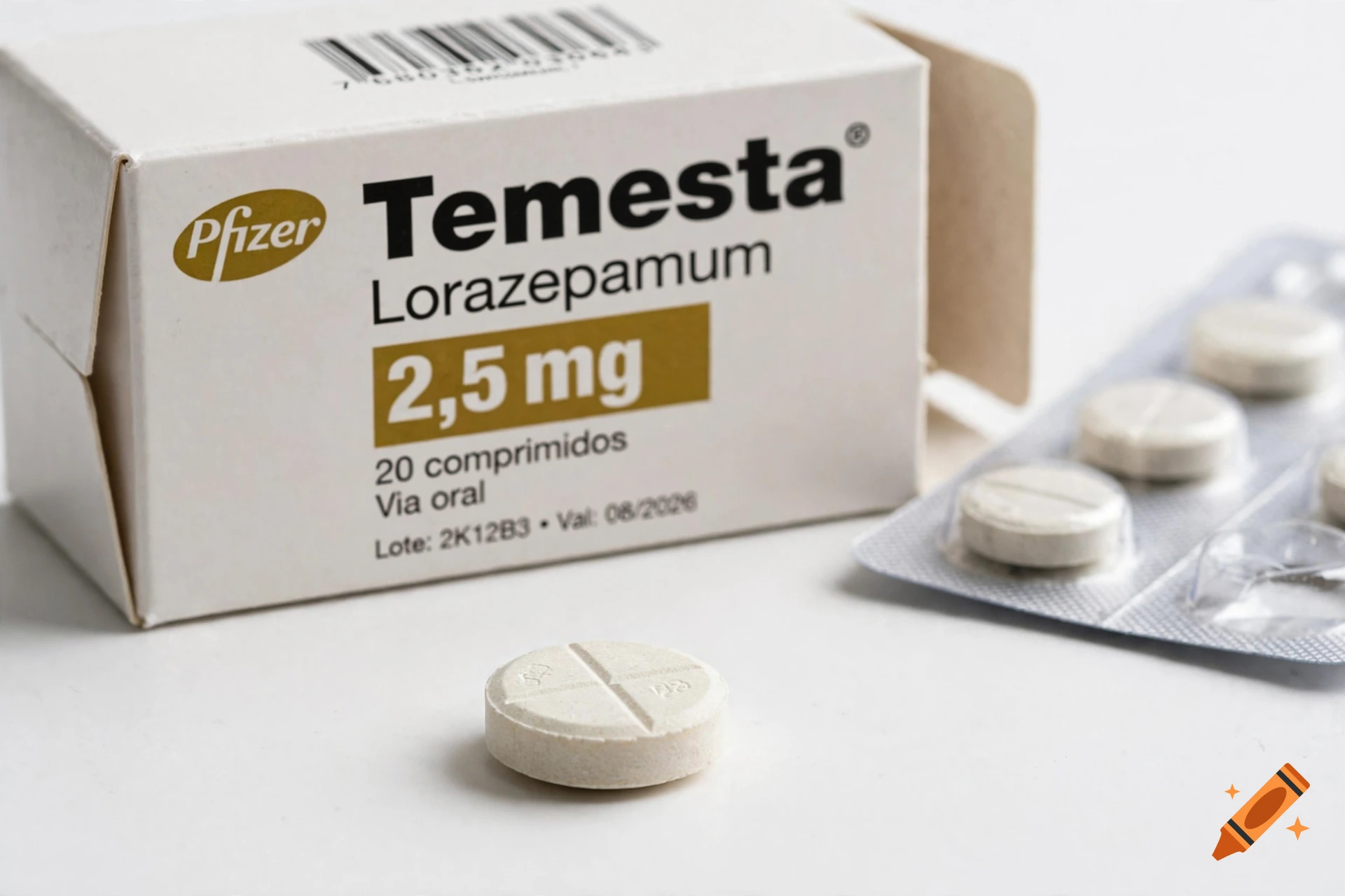 A close-up photograph of a box of Temesta Lorazepam 2.5 mg medication next to a blister pack of pills on a white surface.
