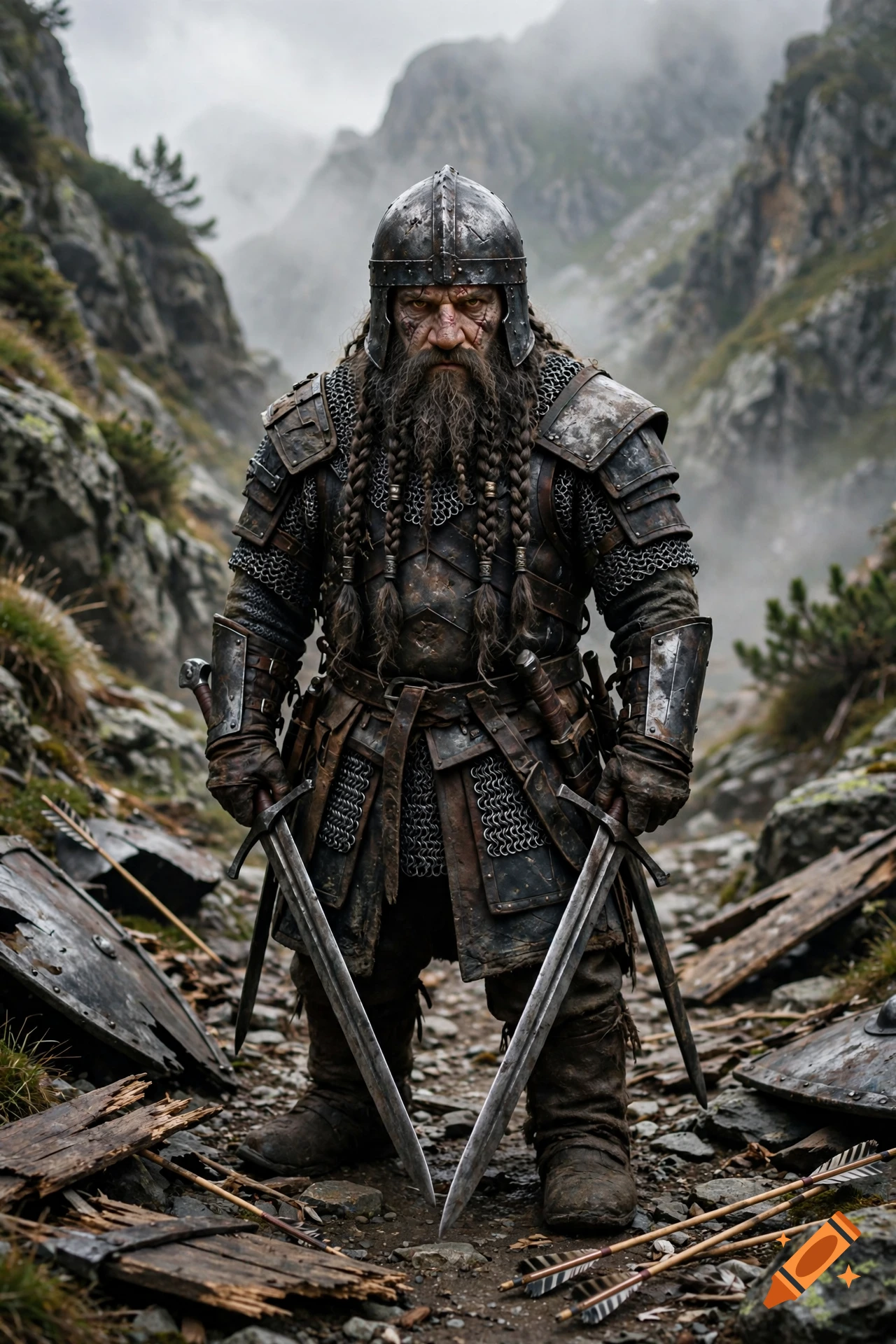 Photorealistic image of a battle-hardened dwarf in chainmail armor holding two longswords in a rocky mountain pass.
