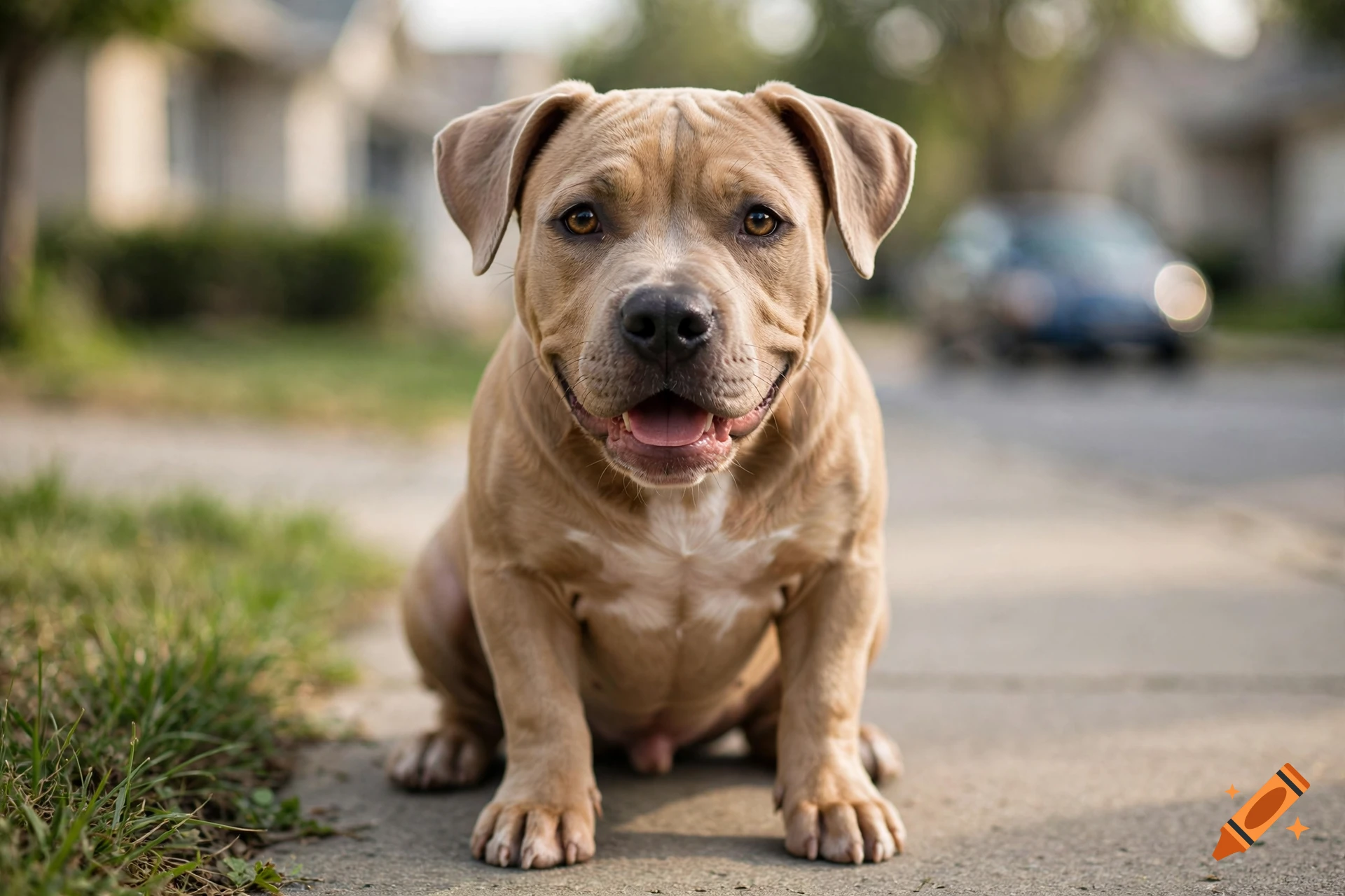 Photorealistic photo of a cute brown pit bull puppy sitting on a concrete sidewalk in a residential neighborhood.