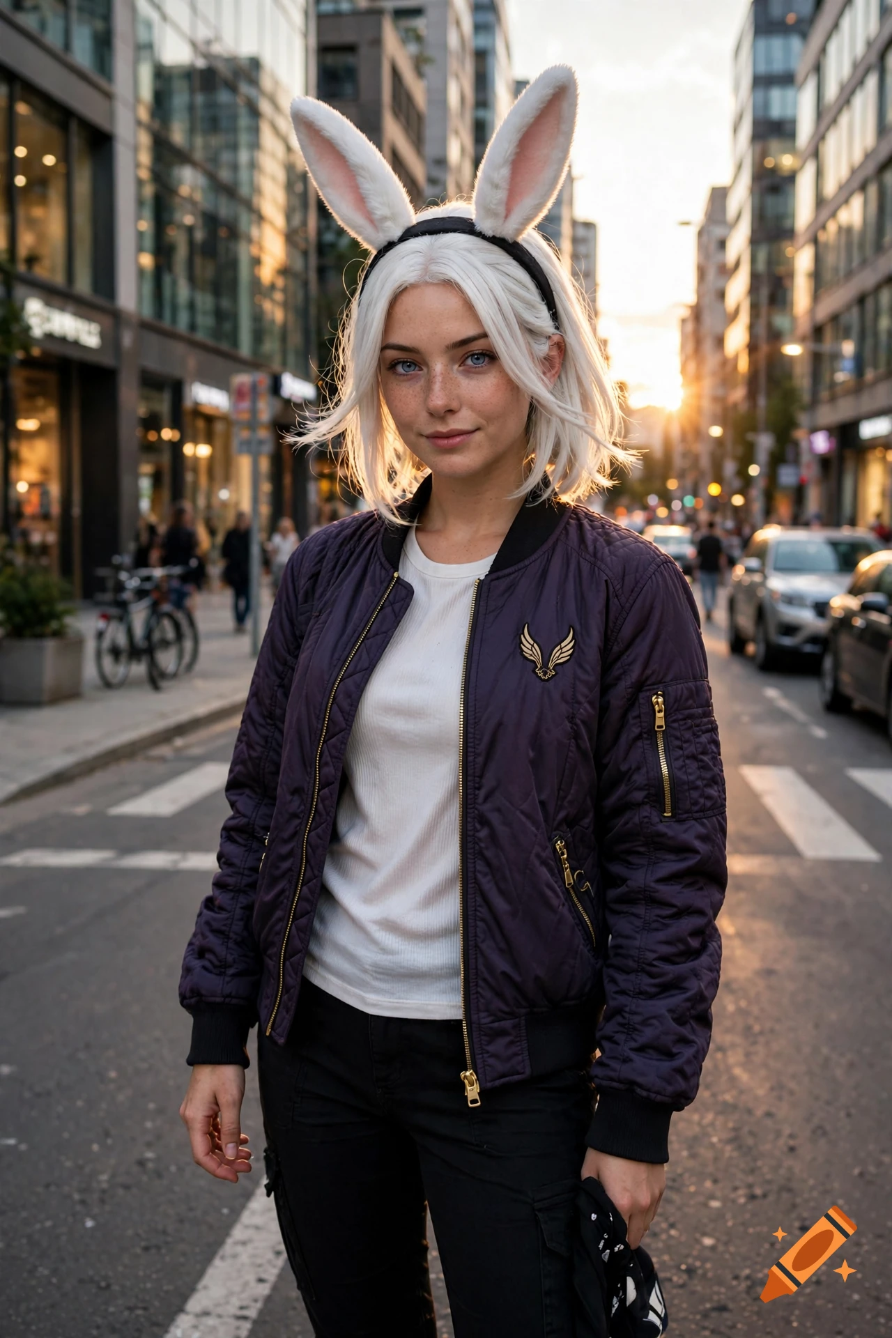 Photorealistic portrait of a young woman with white hair and white rabbit ears standing on a city street at sunset.