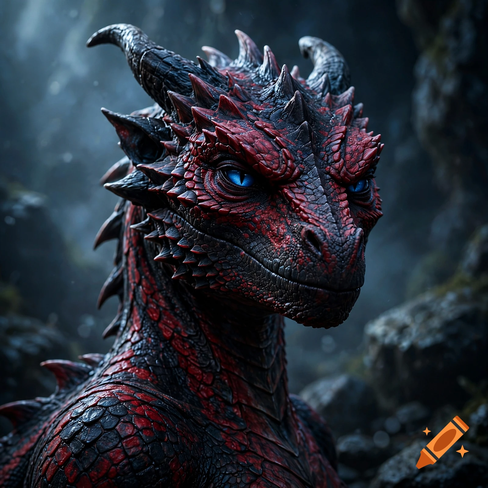 Close-up of a detailed red and black dragon with glowing blue eyes and sharp horns, set against a dark rocky background.