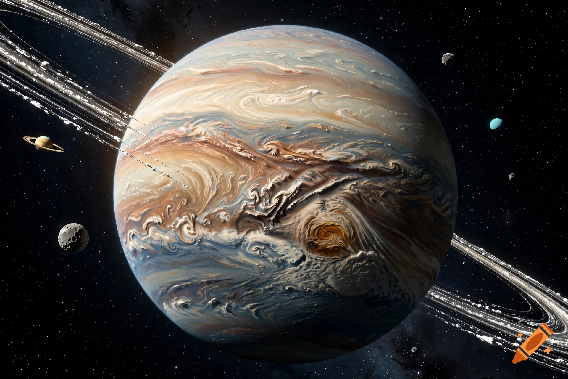 A photorealistic gas giant planet with swirling marble-like clouds and prominent rings in outer space.