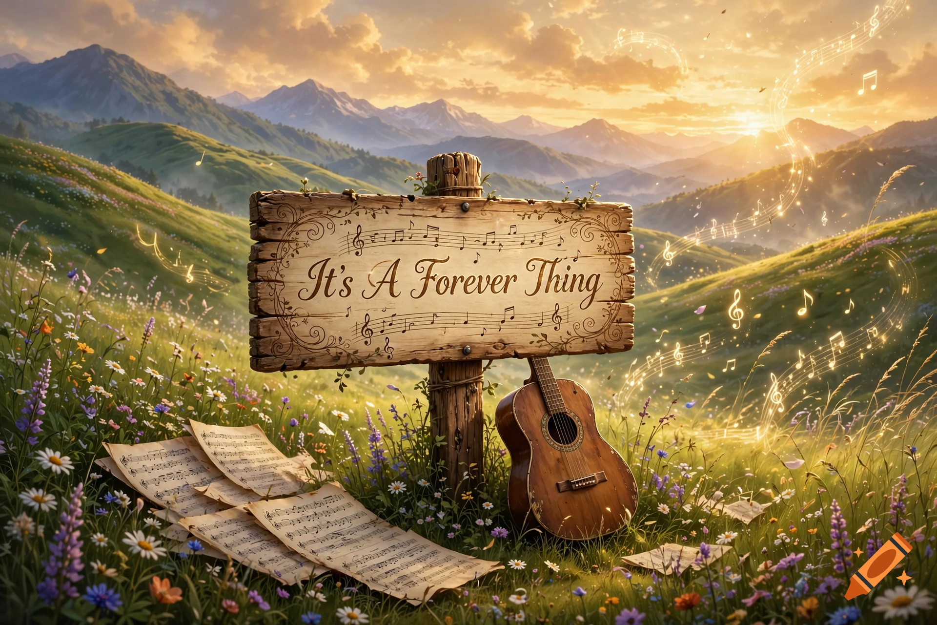 Wooden sign reading 'It's A Forever Thing' surrounded by musical notes, sheets, a guitar, and a scenic mountain valley at sunset.