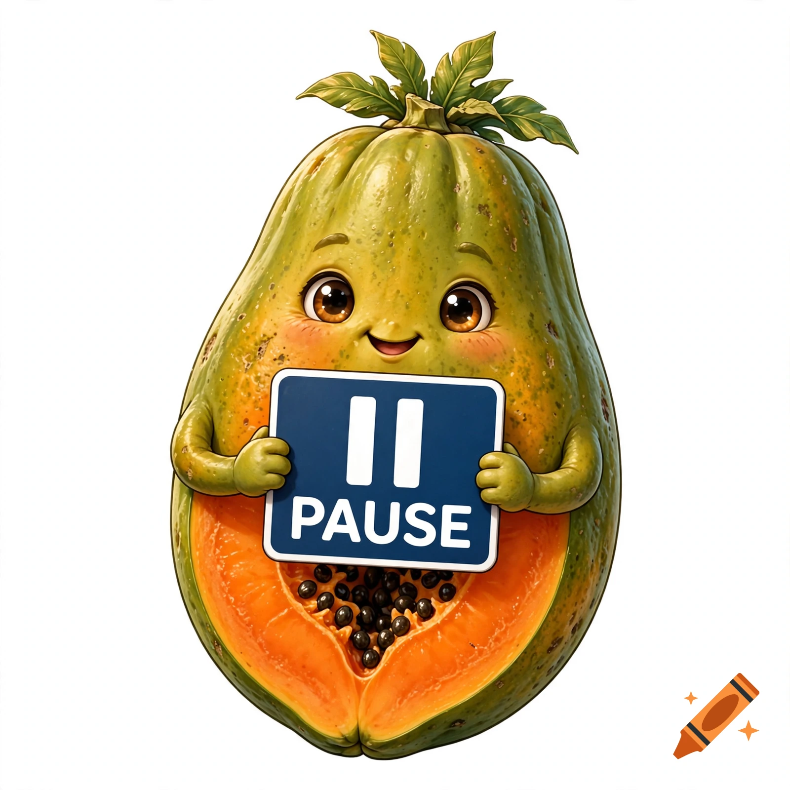 Cute papaya character with a face and leaf top holding a blue pause sign, digital illustration.