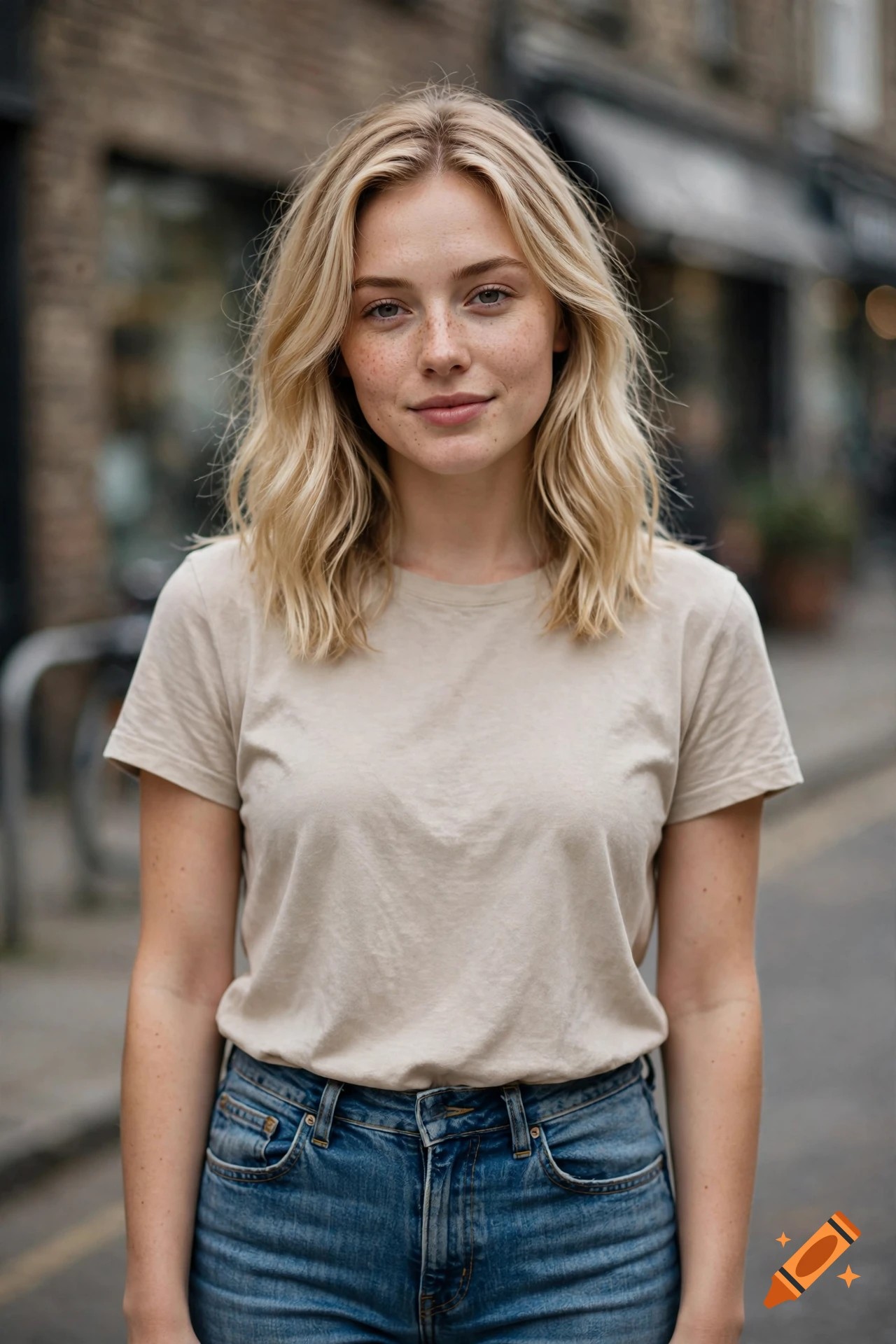 Photorealistic portrait of a young blonde woman with freckles wearing a beige t-shirt and jeans, standing outdoors in front of a storefront.