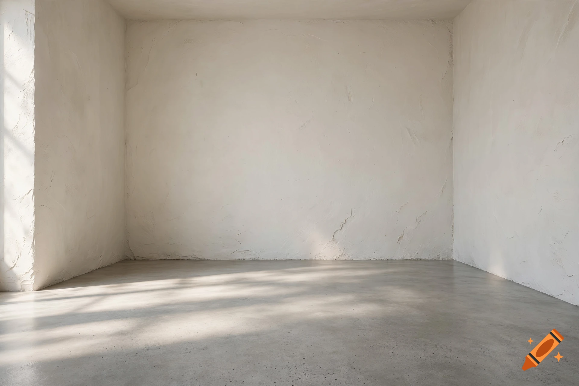 An empty room with bare concrete walls and floor, illuminated by soft natural light casting shadows.